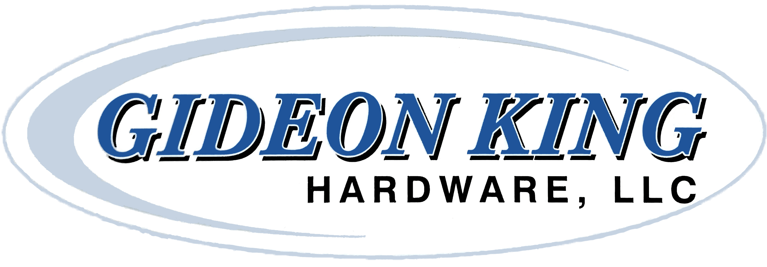Logo for "Gideon King Hardware, LLC" with blue and black text inside an oval shape with a blue gradient outline.