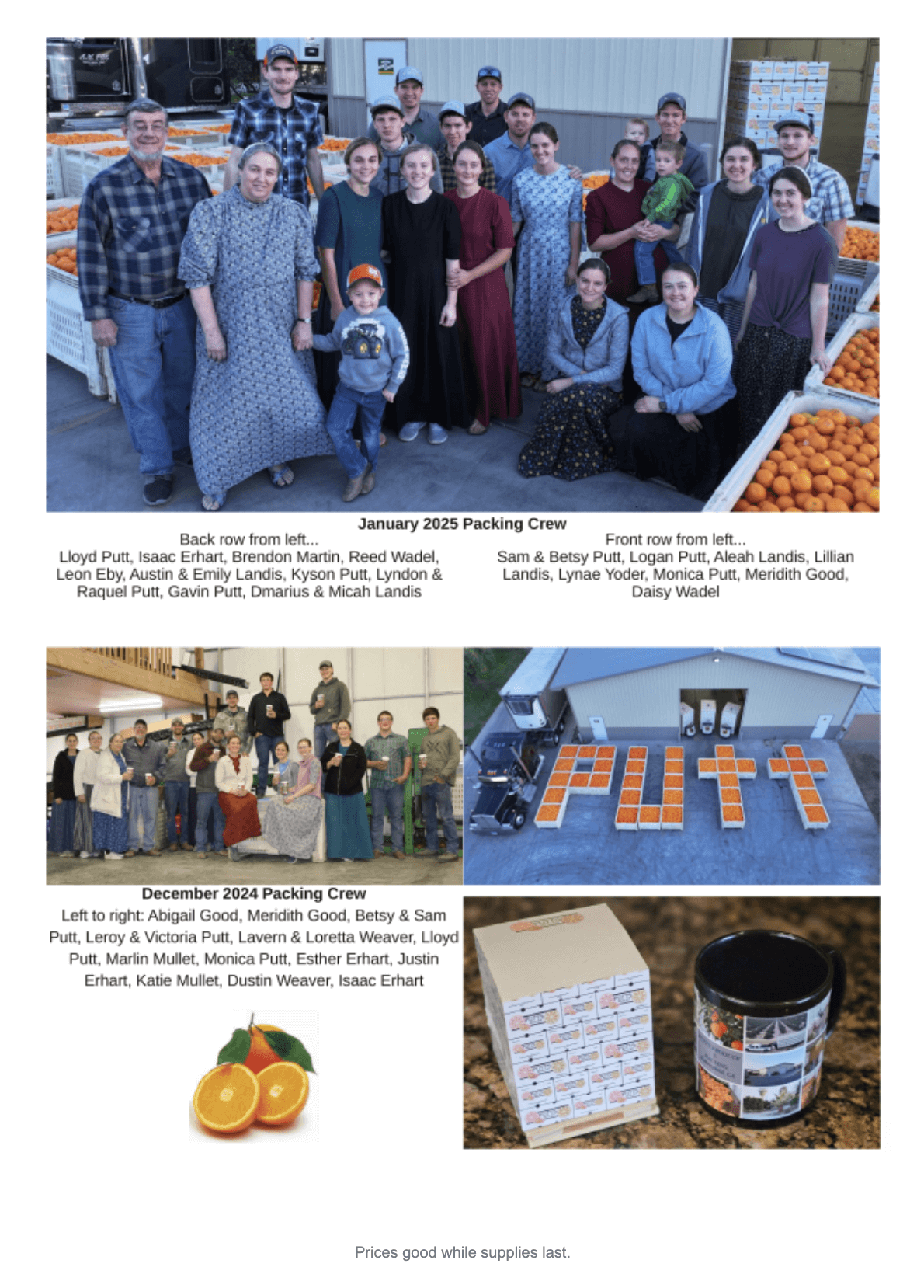 Two group photos of produce packing crews from January 2025 and December 2024, with boxes of fruit and labeled jars visible; close-up of fruit and jars at the bottom right.