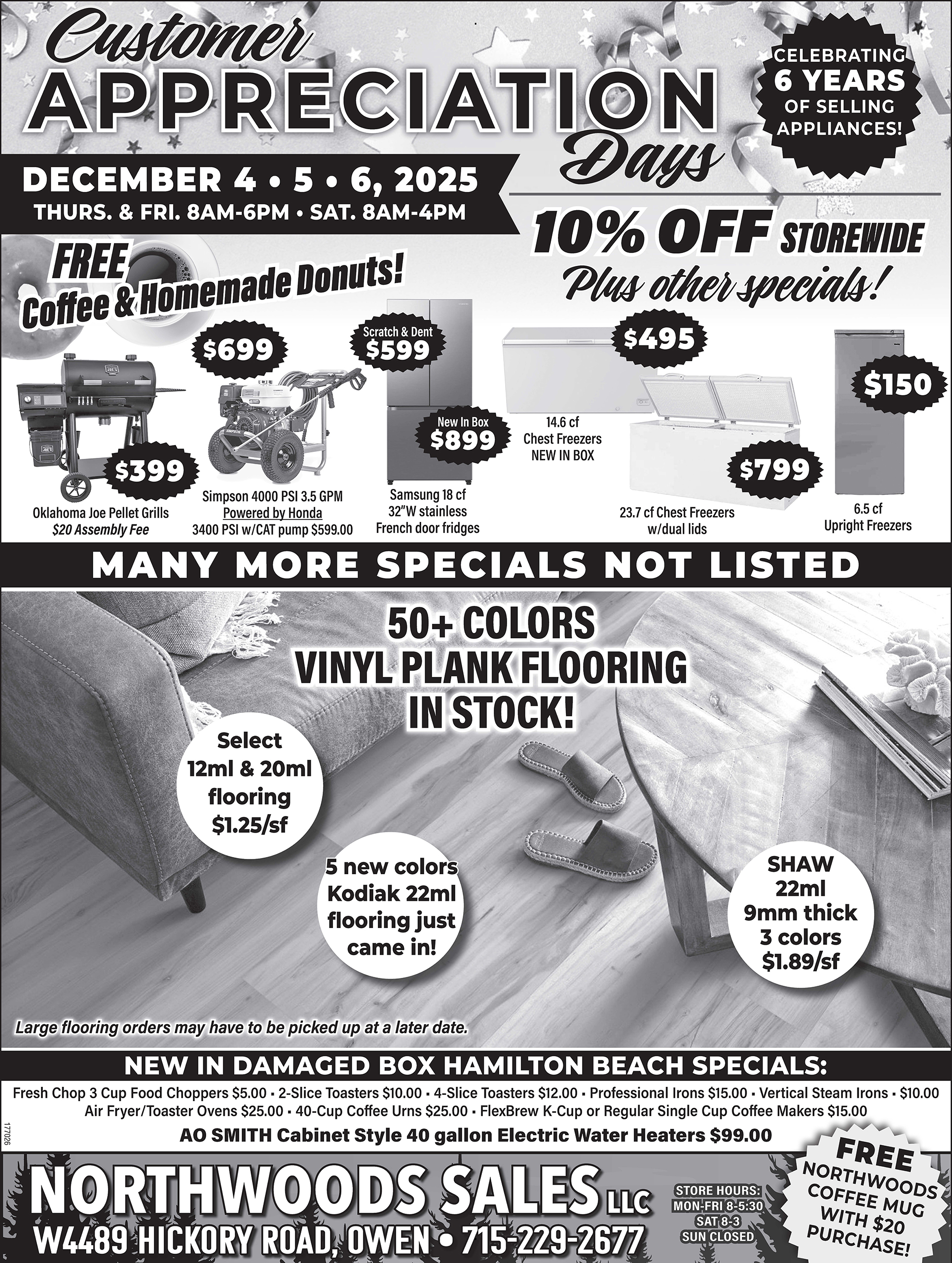 12.1.25 Northwoods Sales Ad Black and white sales flyer for Northwoods Sales Co. advertising flooring, appliances, and storewide discounts for Customer Appreciation Days, December 4-6, with free coffee and donuts.