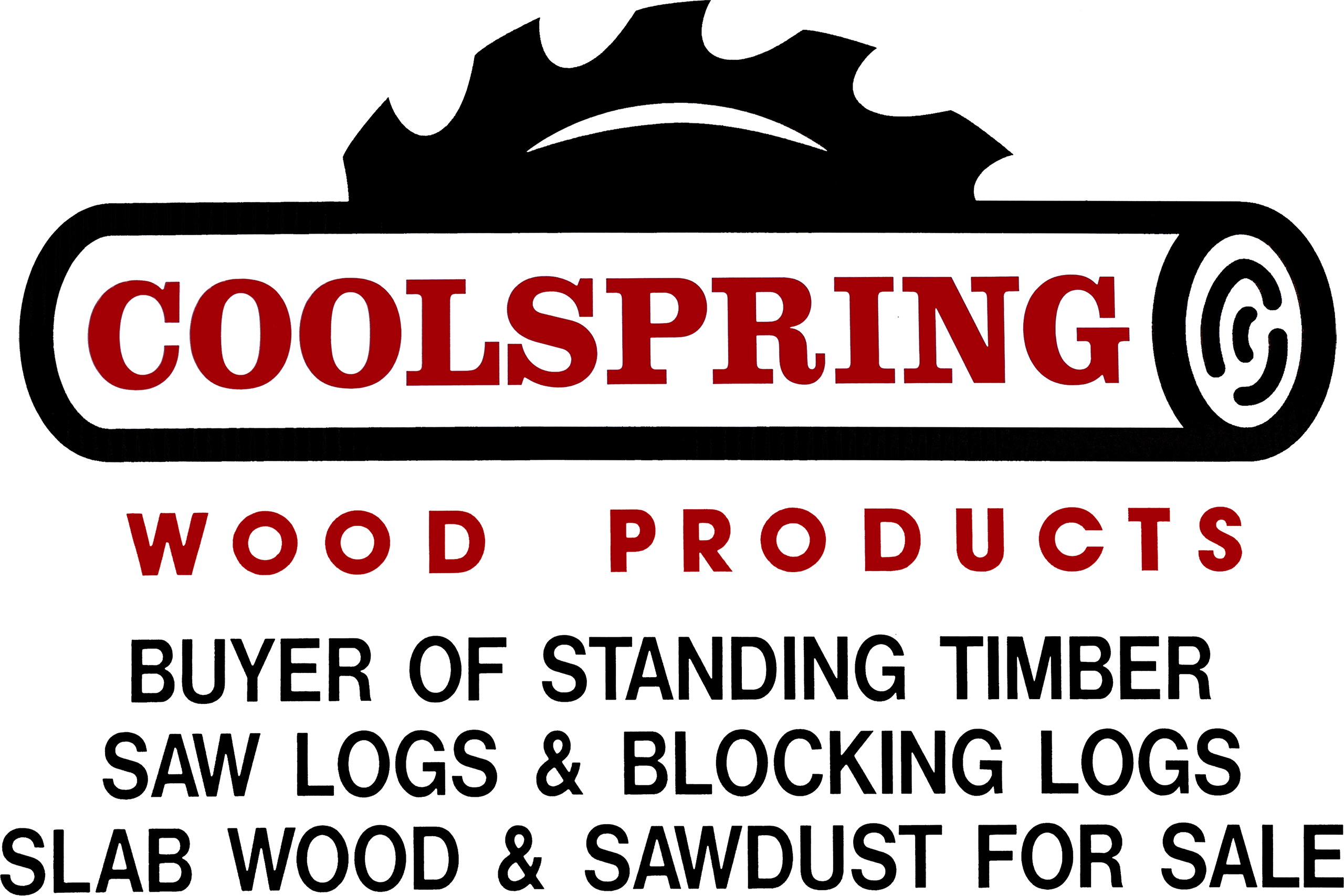 Logo for Coolspring Wood Products featuring a saw blade and log graphic, advertising timber, saw logs, blocking logs, slab wood, and sawdust for sale.