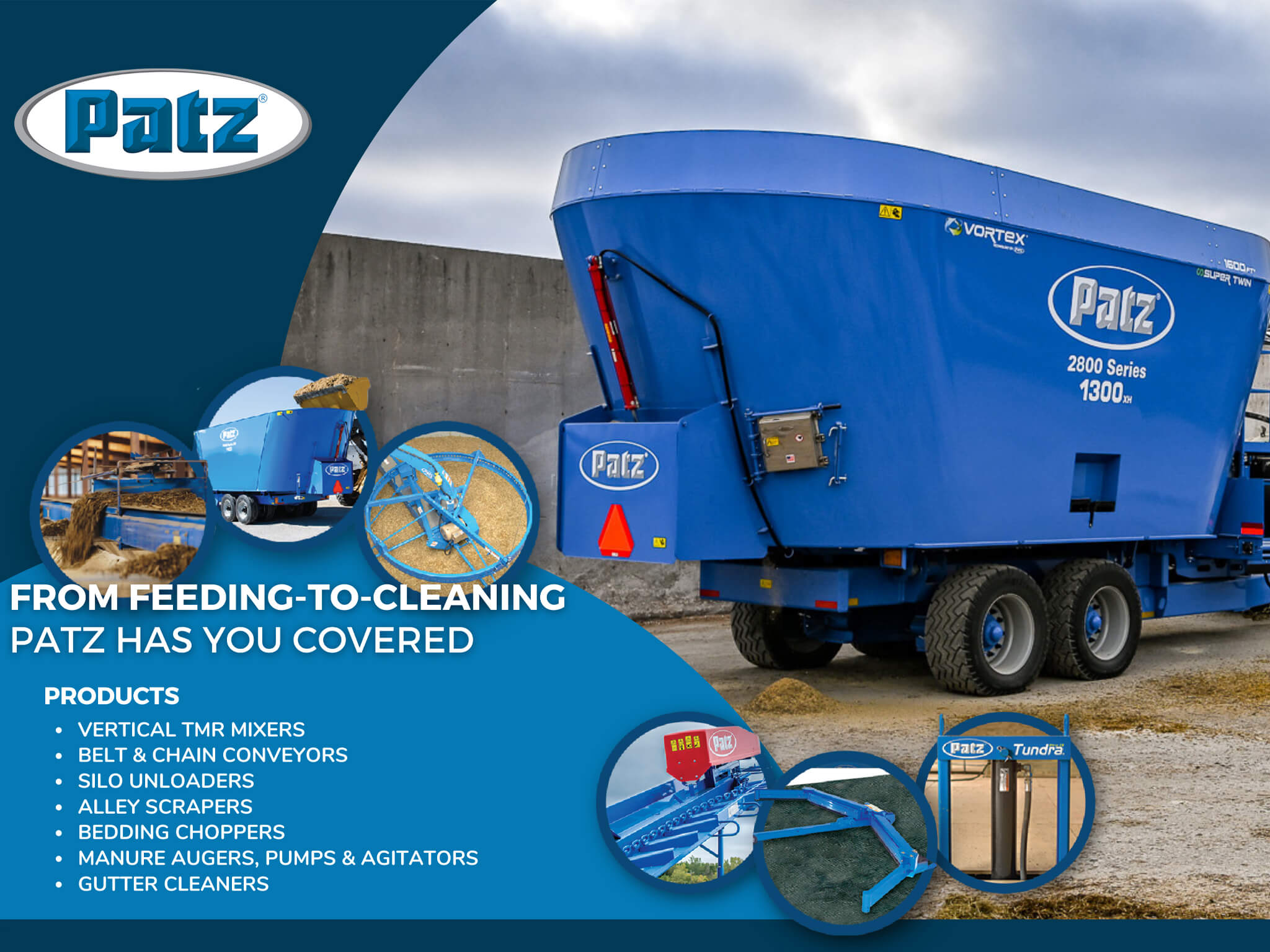 Large blue Patz TMR mixer trailer is parked outdoors; inset images highlight various Patz agricultural equipment products for feeding and cleaning solutions.