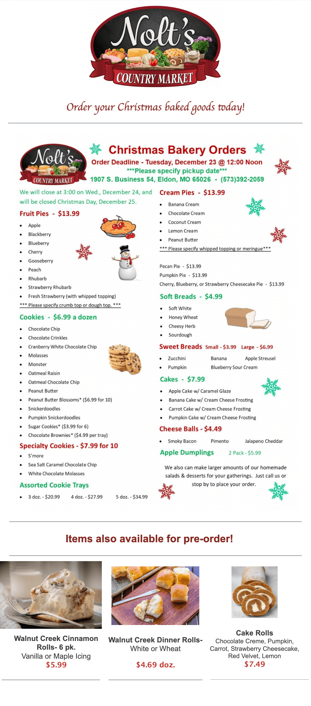 Flyer for Nolt's Country Market advertising Christmas bakery orders with a menu of baked goods, prices, order deadlines, and images of cinnamon rolls, dinner rolls, and cake rolls.