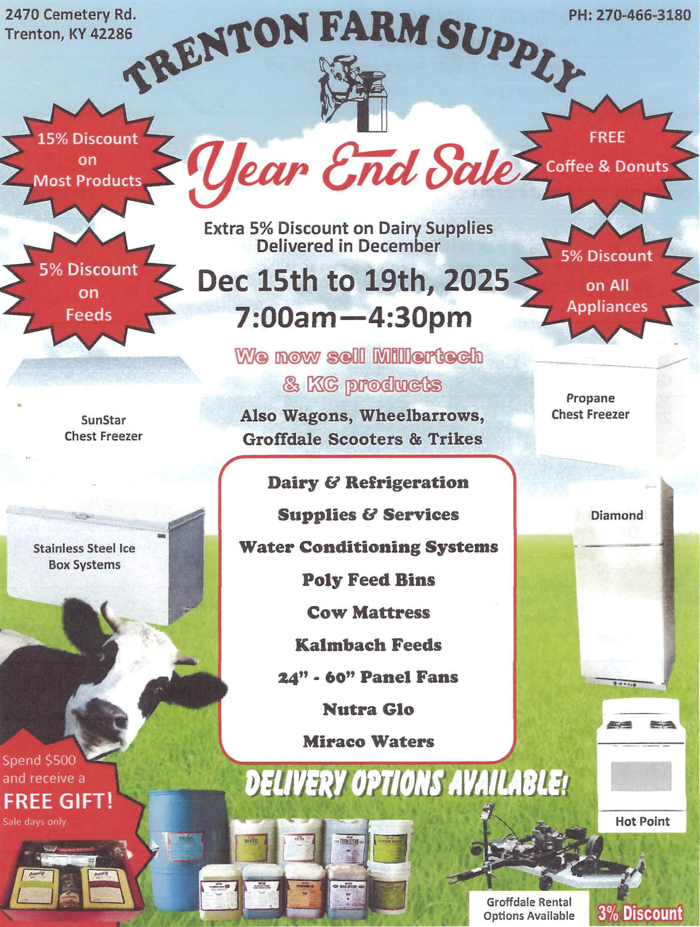 12.11.25 Trenton Farm Supply Year End Sale Ad Flyer for Trenton Farm Supply’s Year End Sale, Dec 15–19, 2025, featuring discounts, free coffee, giveaways, and various farm supply products and services.