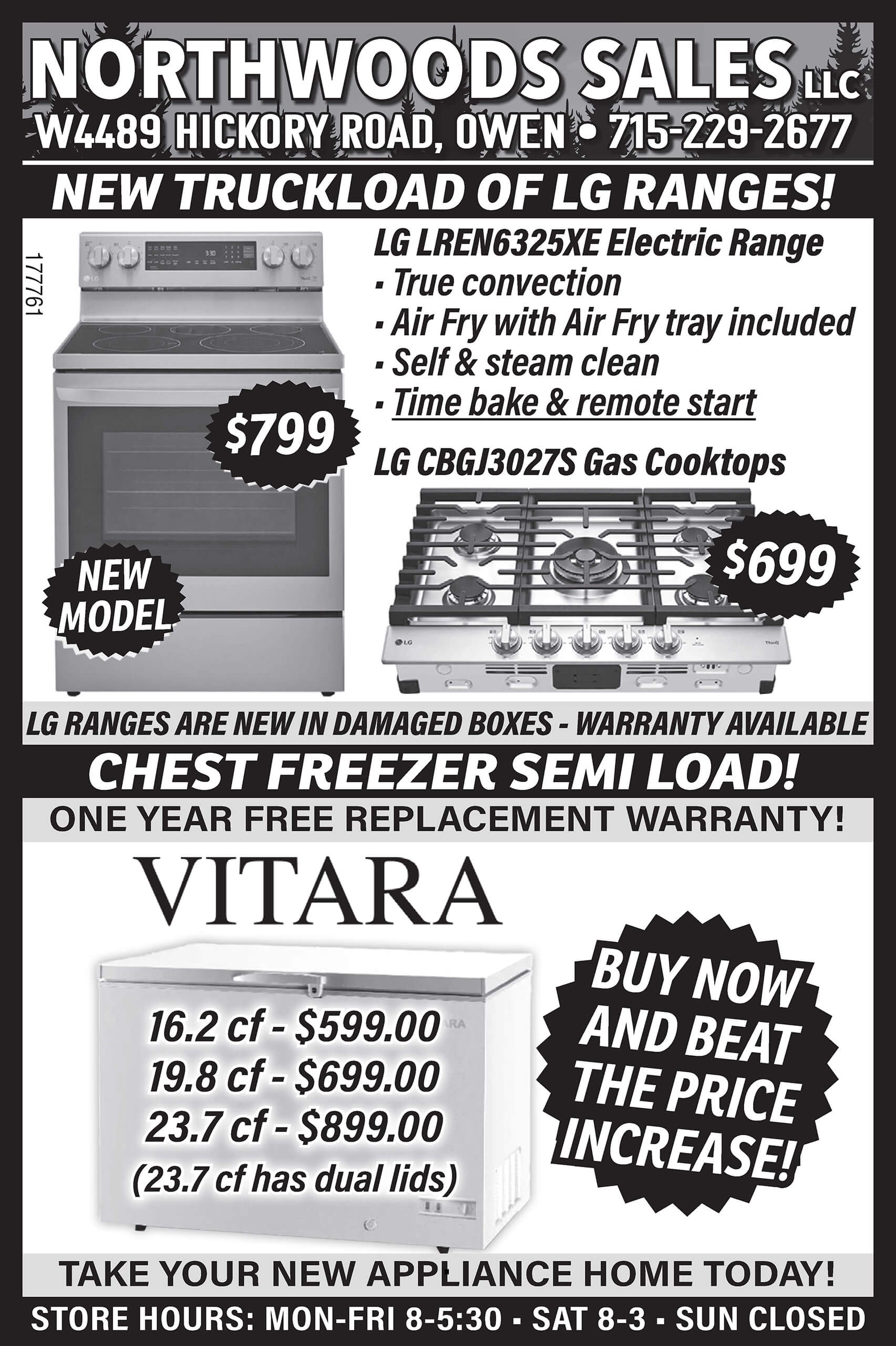 12.14.25 Northwoods Sales Ad Advertisement for Northwoods Sales displaying LG electric range, LG gas cooktop, chest freezers, and Vitara refrigerators with prices, store details, and contact information.