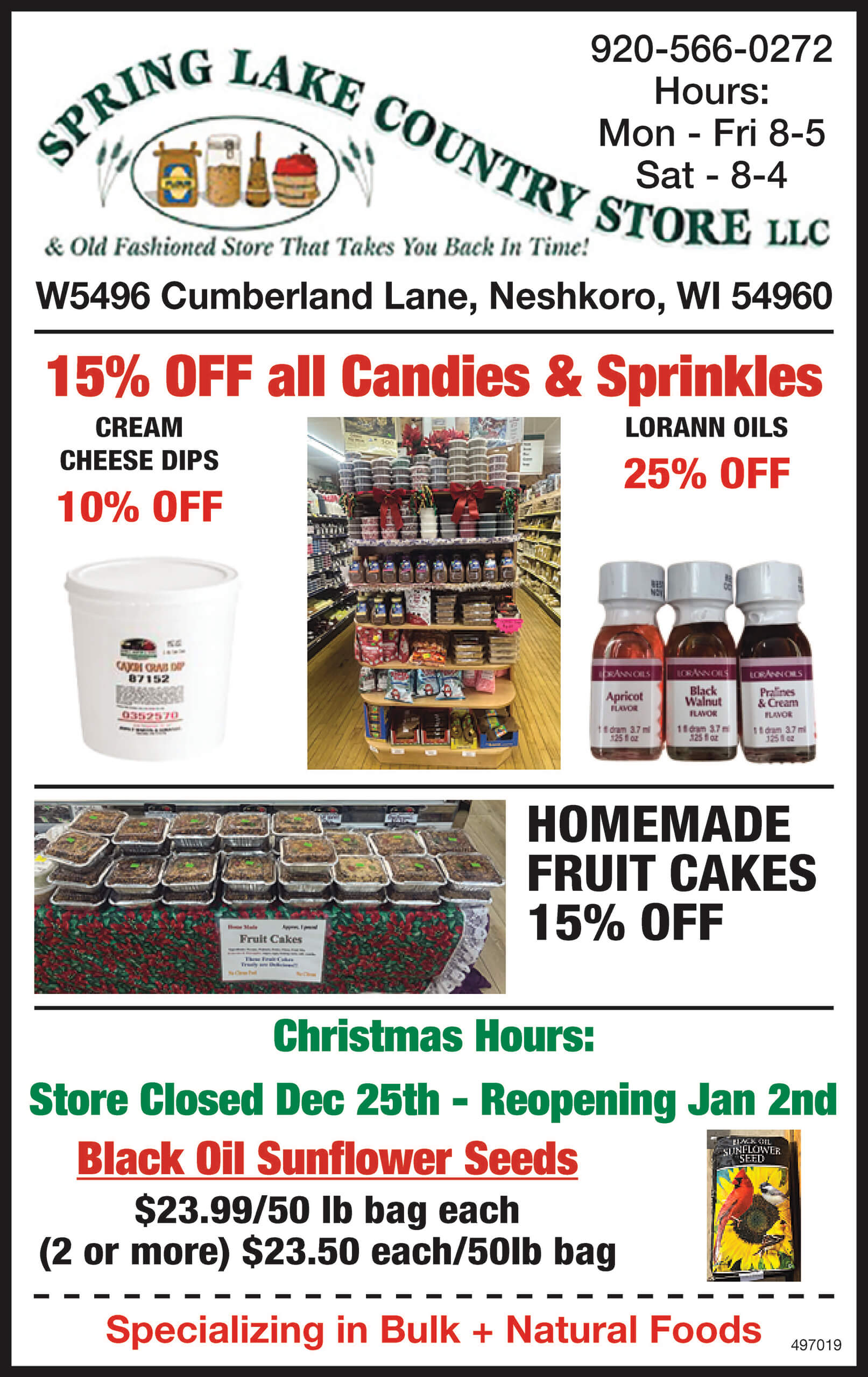 A flyer for Spring Lake Country Store advertises discounts on candies, sprinkles, cheese dips, LorAnn oils, homemade fruit cakes, and black oil sunflower seeds. Holiday hours included.