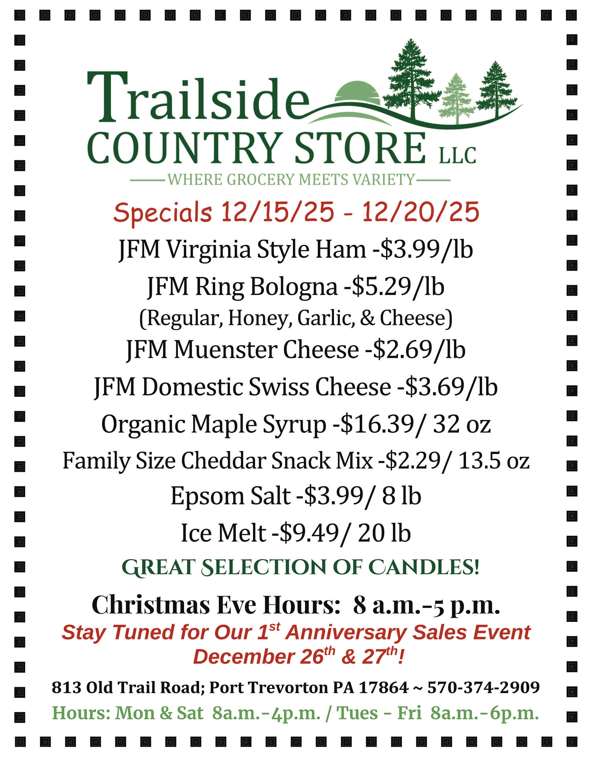 Trailside Country Store flyer lists weekly specials, holiday hours, and a 1st anniversary sales event on December 26th and 27th. Products include meats, cheese, syrup, salt, and candles.