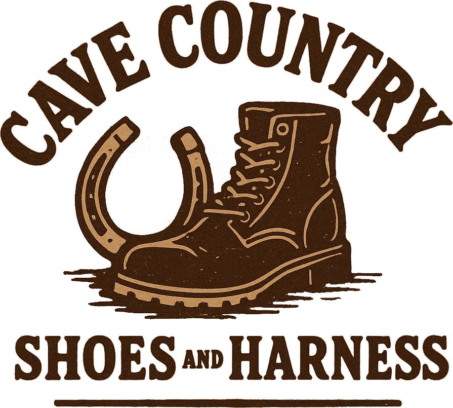 Logo featuring a work boot and horseshoe with the text "Cave Country Shoes and Harness" in bold, brown lettering above and below the images.