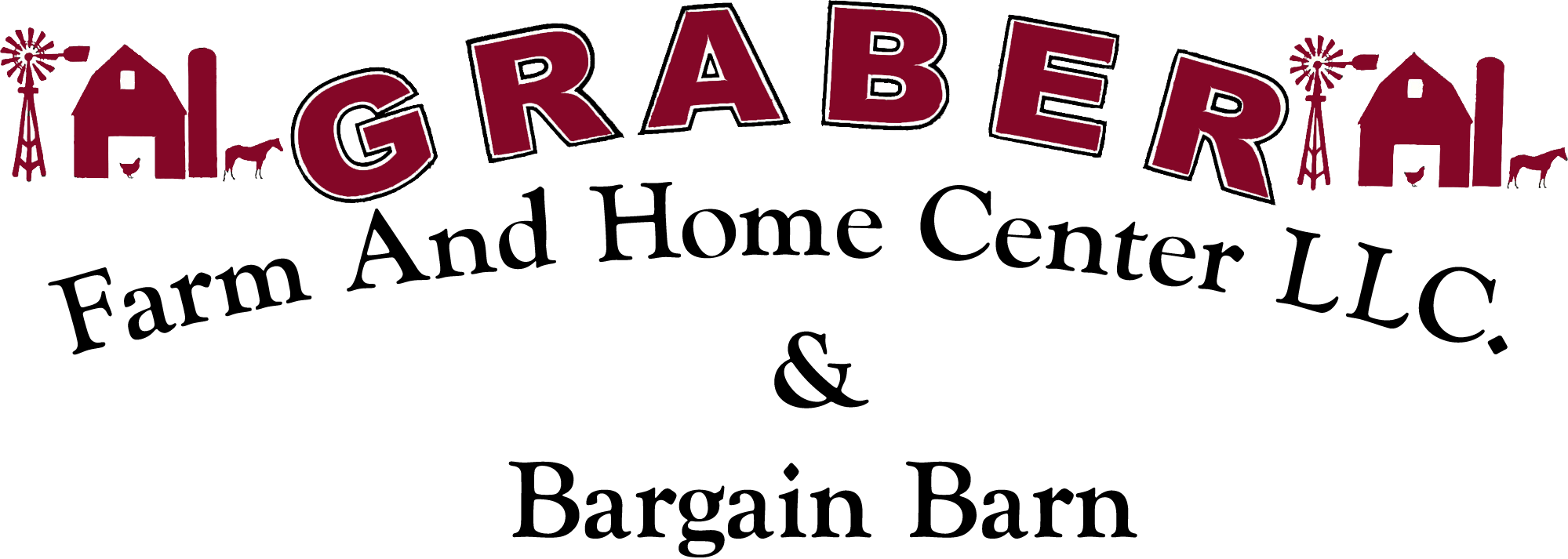Logo for Graber Farm and Home Center LLC and Bargain Barn, featuring barns, windmills, and animals with bold red and black text.