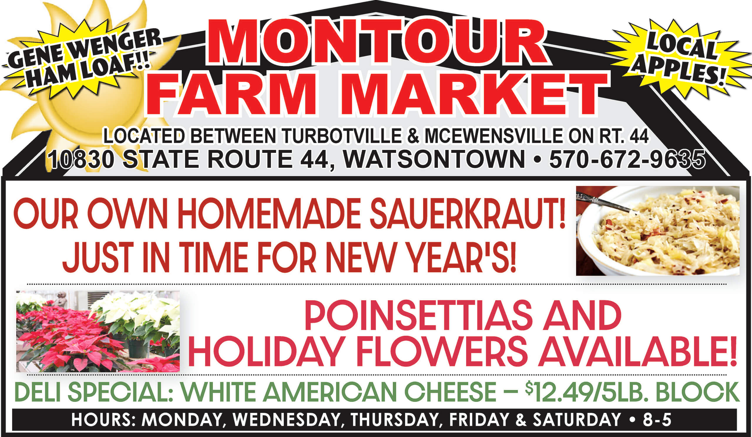 Montour Farm Market sign promotes sauerkraut, poinsettias, white American cheese special, ham loaf, and local apples, with contact info and hours listed.
