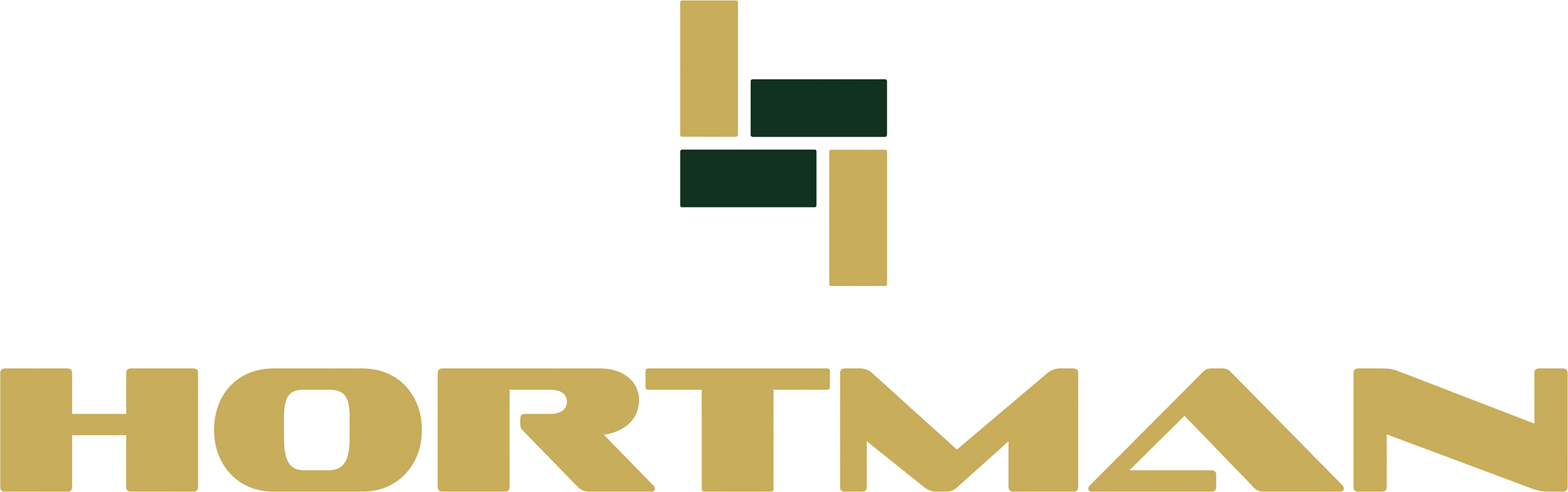 Logo with the word "HORTMAN" in bold gold letters. Above is an abstract geometric design with gold and green rectangles. The background is white.