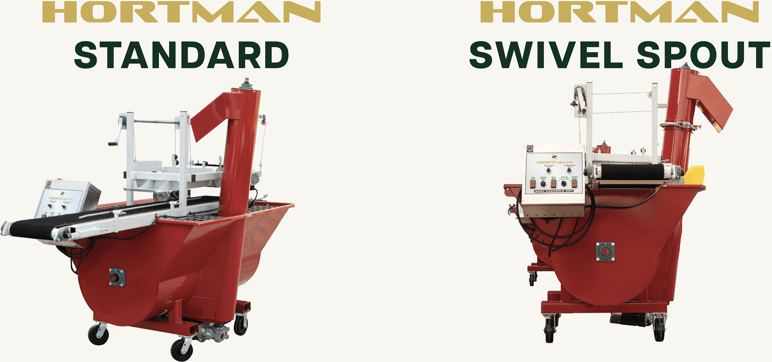 Two red industrial machines labeled "STANDARD" and "SWIVEL SPOUT" by Hortman, each with control panels and conveyors, displayed against a white background.