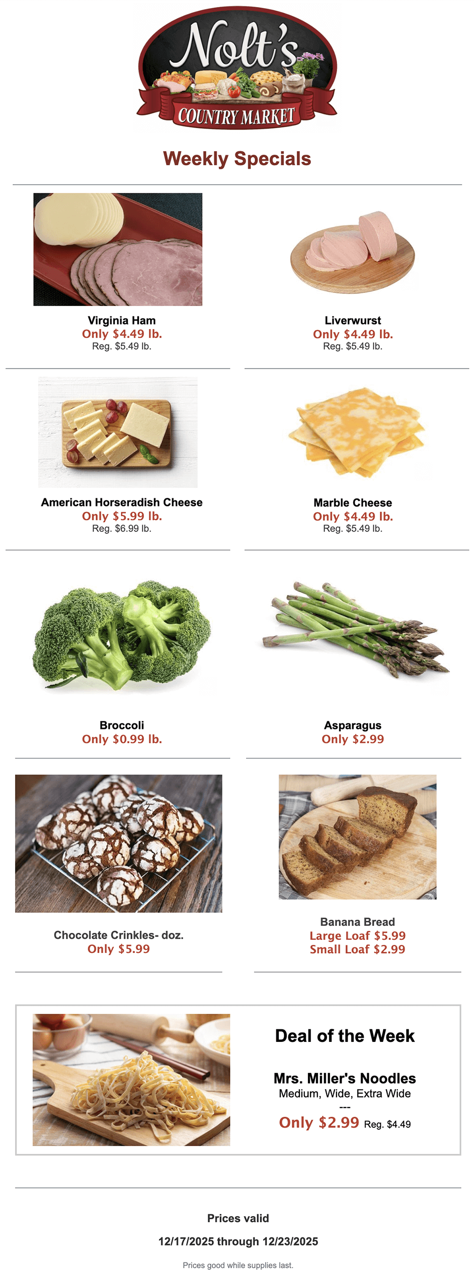 Nolt’s Country Market weekly specials flyer featuring meats, cheeses, produce, baked goods, and Mrs. Miller’s Noodles as the deal of the week. Prices and dates listed at the bottom.
