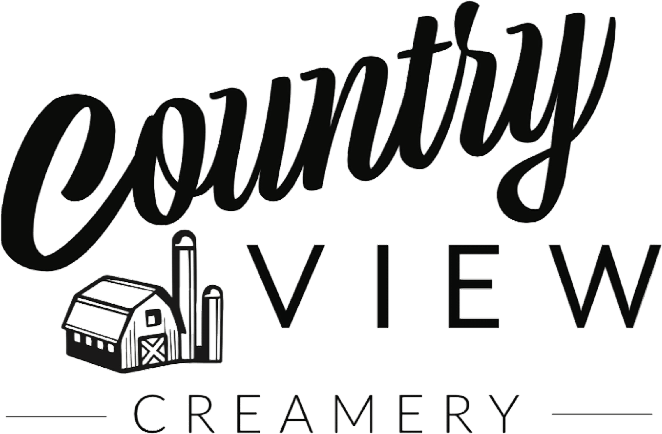 Black and white logo for Country View Creamery with stylized text and an illustration of a barn with two silos.