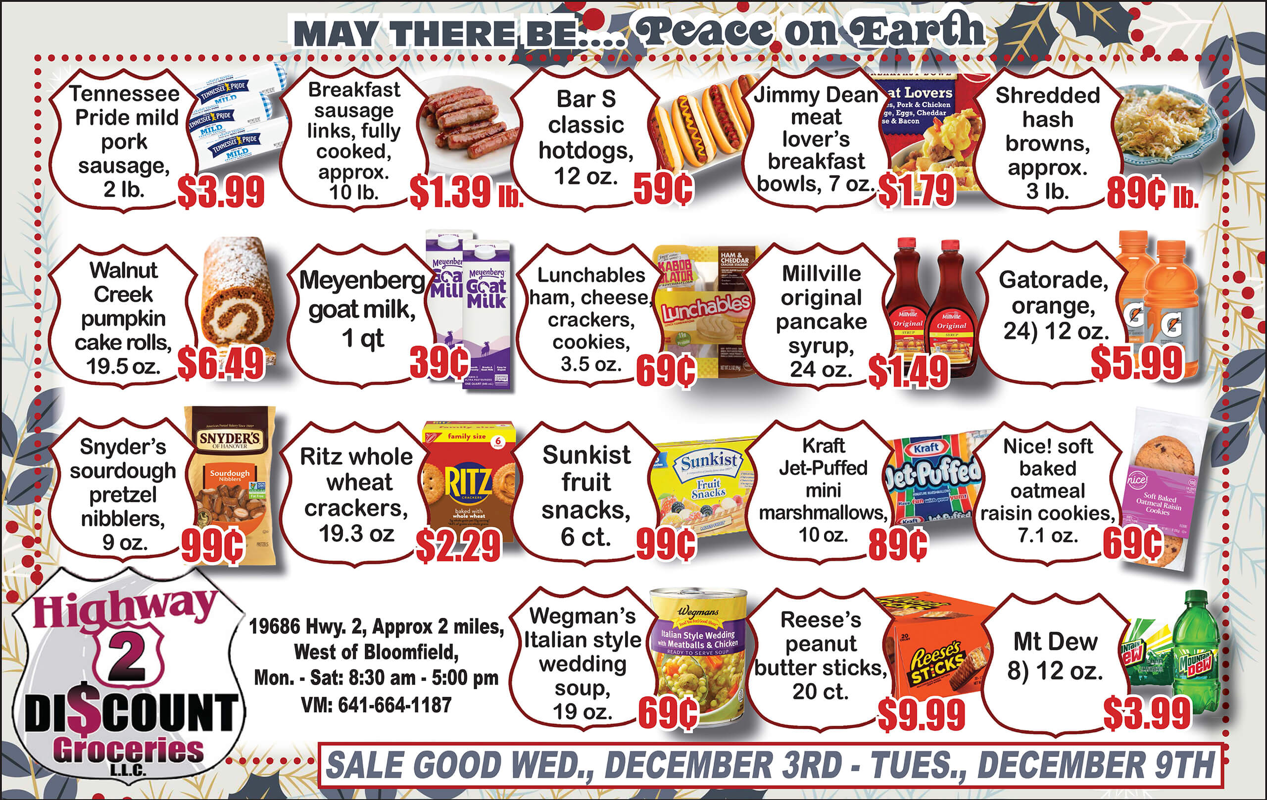 Grocery store sale flyer displays various discounted food and drink items with prices, product names, images, and sale dates from December 3rd to 9th.