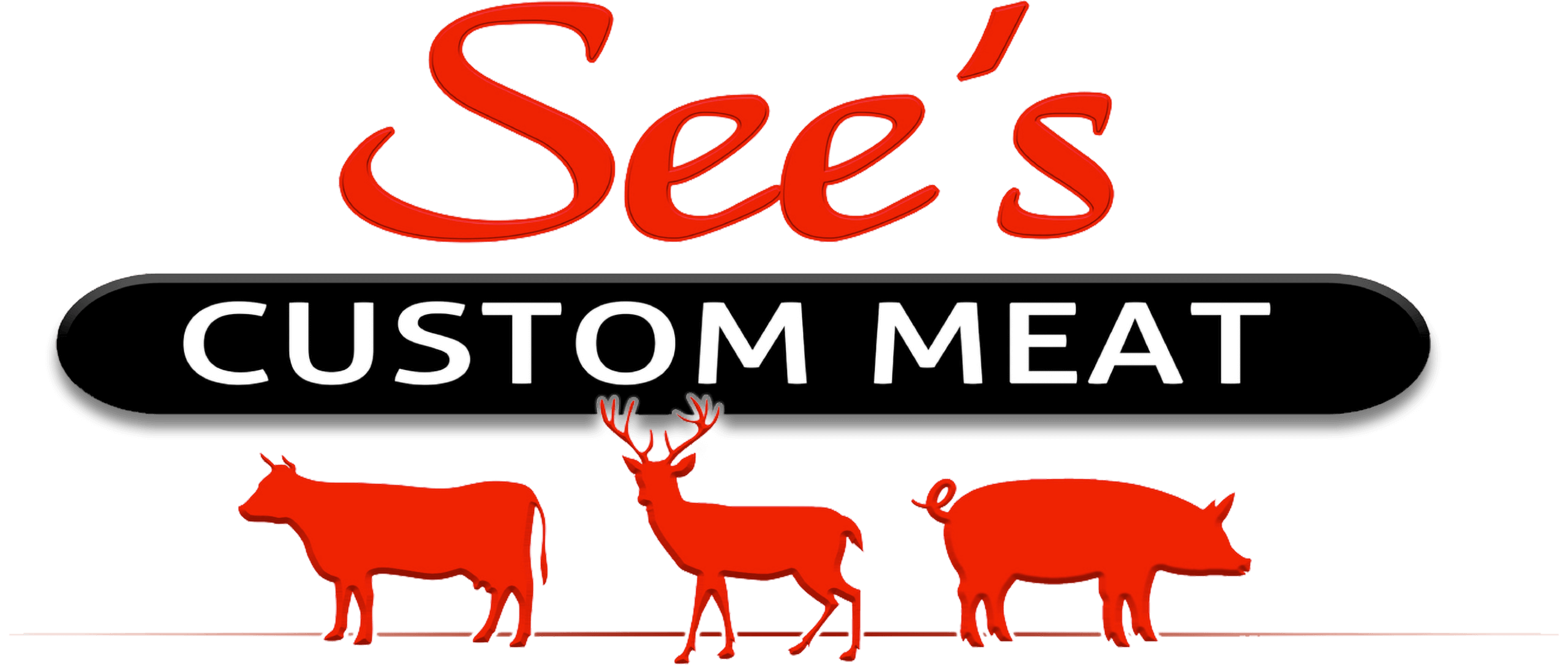 Logo for "See's Custom Meat" featuring red silhouettes of a cow, deer, and pig beneath the business name in bold letters.