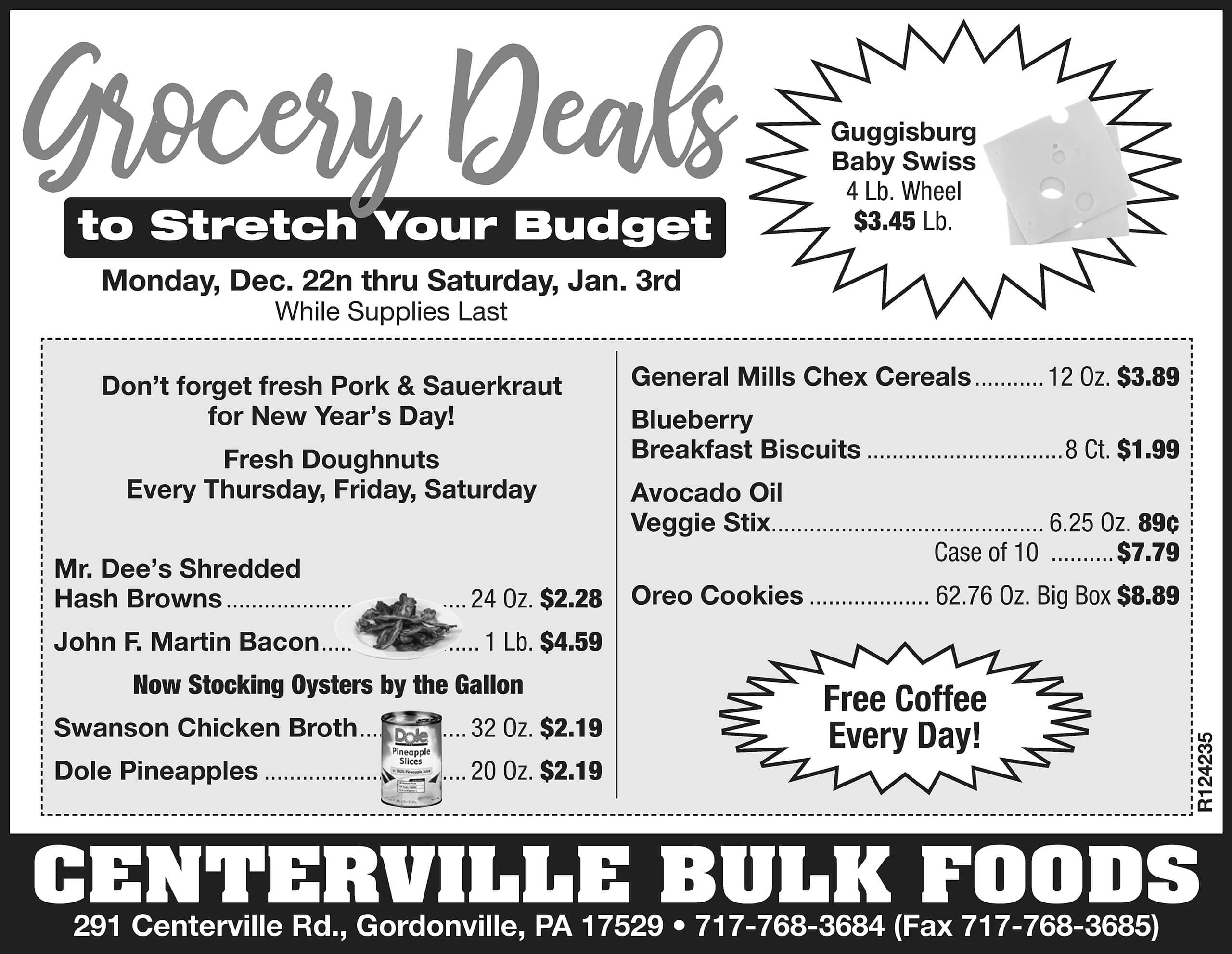 Black and white grocery store ad listing products, prices, and specials, including cheese, fruit, bread, cereals, eggs, and fresh doughnuts. Free coffee offered daily.