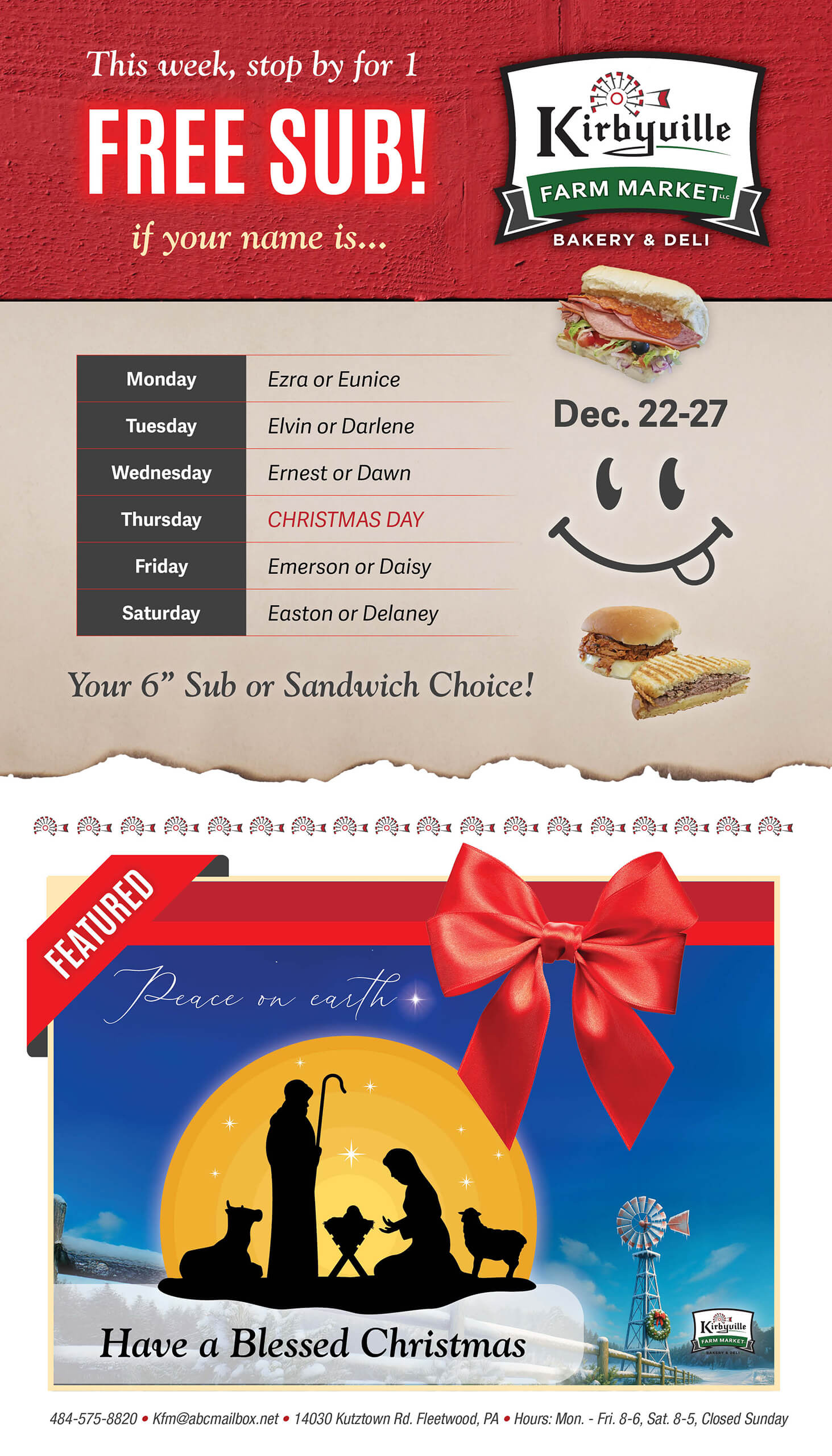 Promotional flyer offering a free sub at Kirbyville Farm Market for select names Dec. 22–27, with a Christmas nativity scene and holiday greetings featured at the bottom.