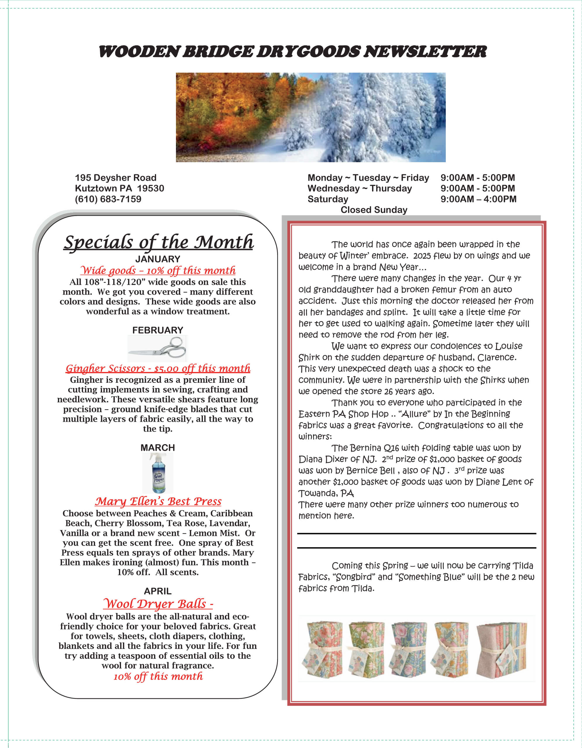 Newsletter page featuring specials on wide goods and ginger scissors, Mary Ellen’s Best Press, shop information, and articles about antique quilts and preservation tips, with decorative quilt images.