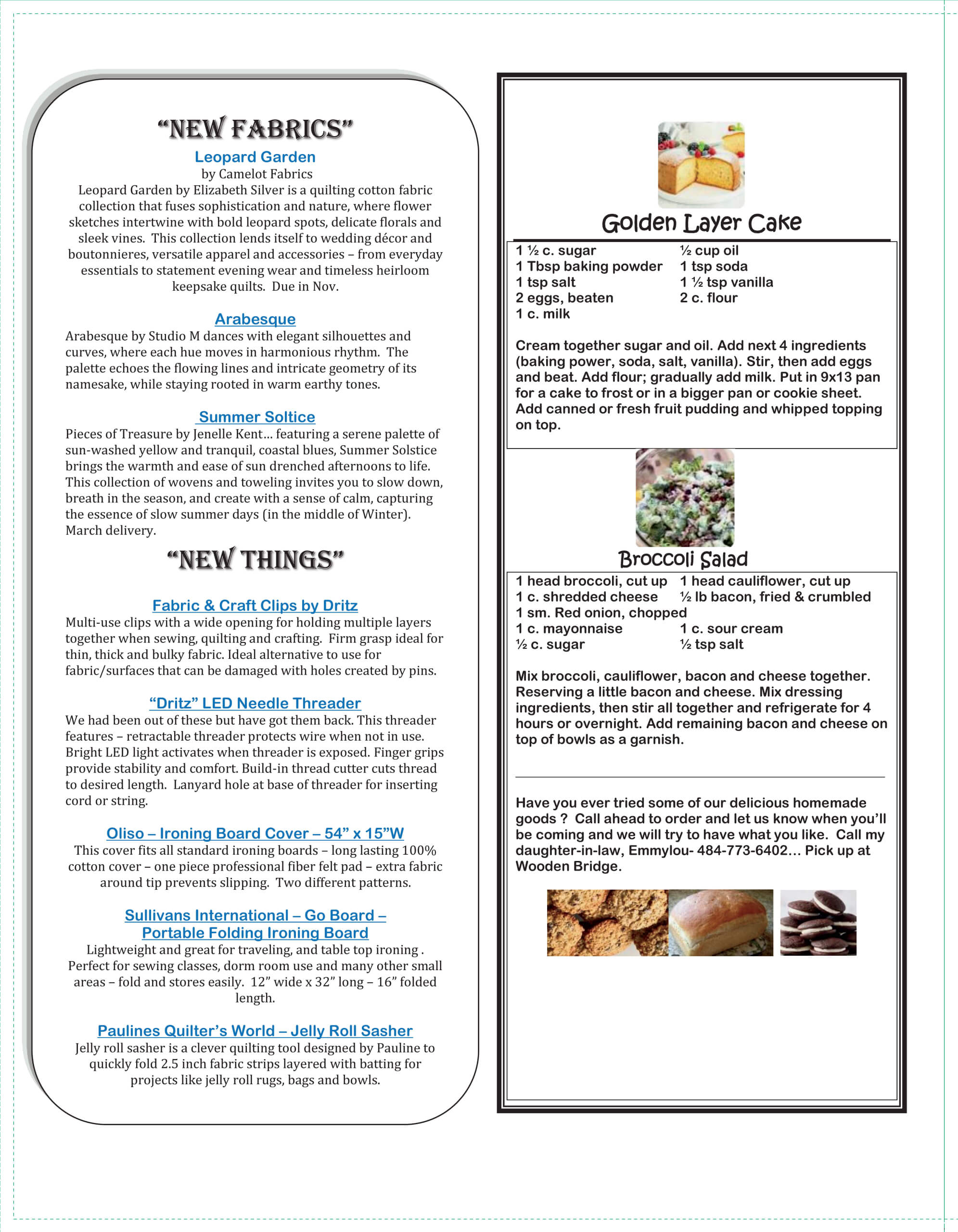 A page featuring text about new fabrics, fabric clips, and a jelly roll sasher on the left, with recipes for Golden Layer Cake and Broccoli Salad on the right.