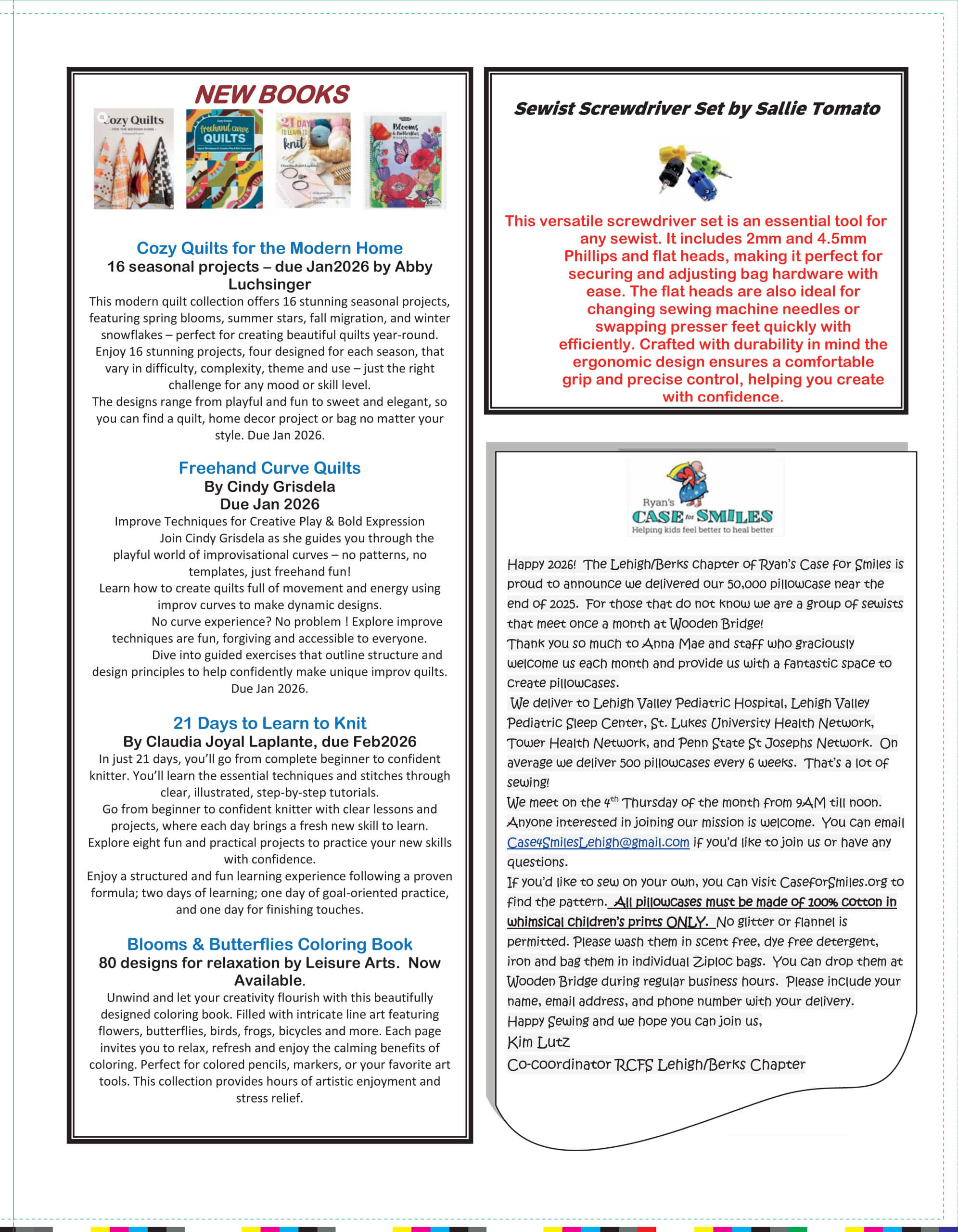 A newsletter page displaying book previews, a sewist screwdriver set ad, and upcoming events, with text, images of book covers, and product details arranged in bordered boxes.