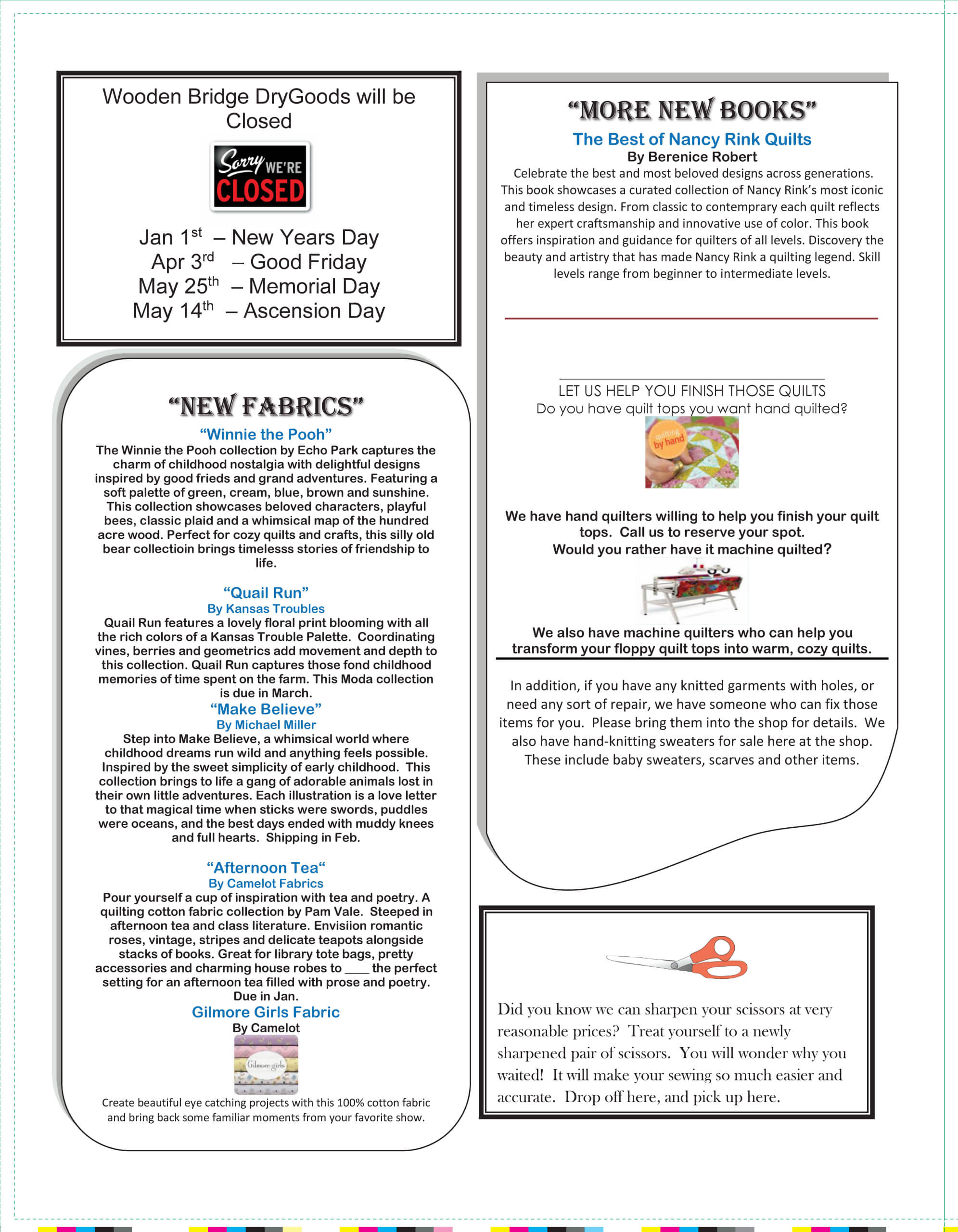 A newsletter page with closure dates, information on new fabrics and books, quilting help offers, and a scissor sharpening service announcement.