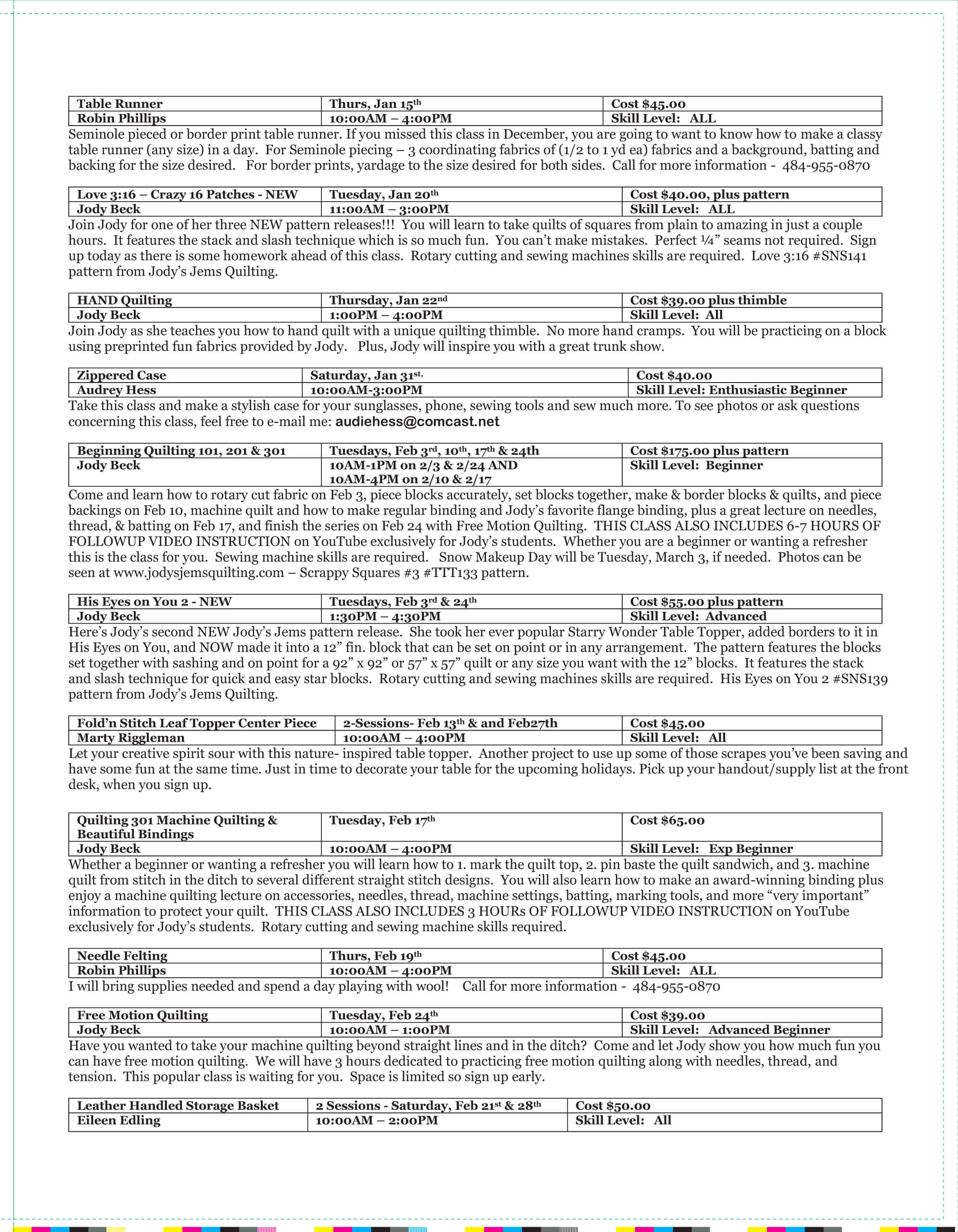 A schedule listing quilting classes, dates, times, costs, instructor names, brief descriptions, locations, and contact information in a tabular format.