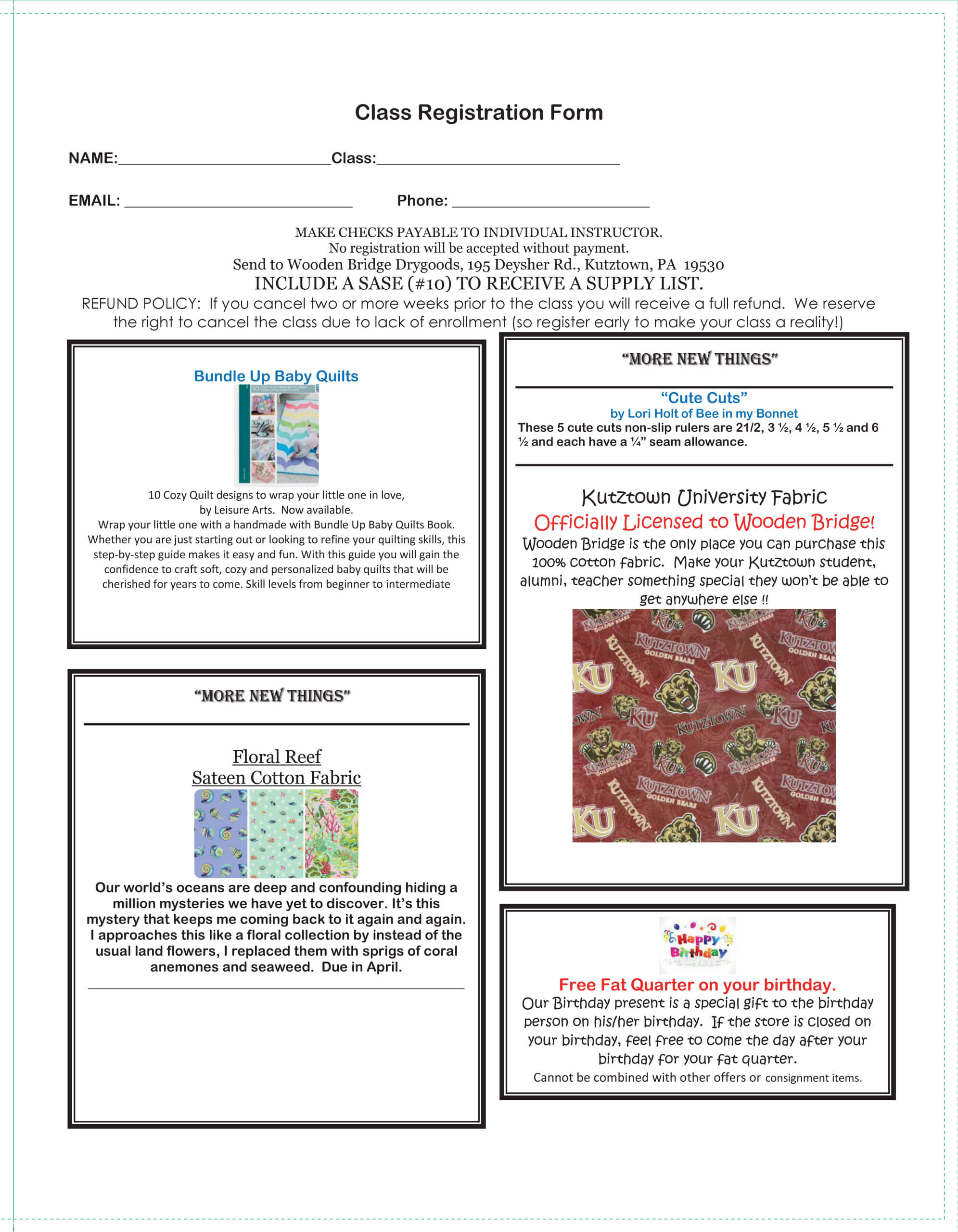 Class registration form with fields for name, class, and email, plus sections promoting quilting kits, KU fabric, floral sets, and a free class offer for birthdays.