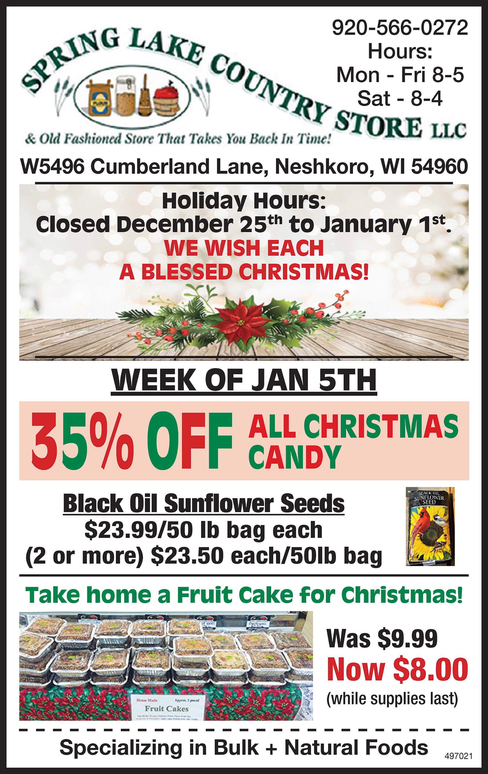 Spring Lake Country Store holiday hours, January sale details: 35% off Christmas candy, sunflower seed prices, fruit cake discount, store contact info, hours, and address listed.