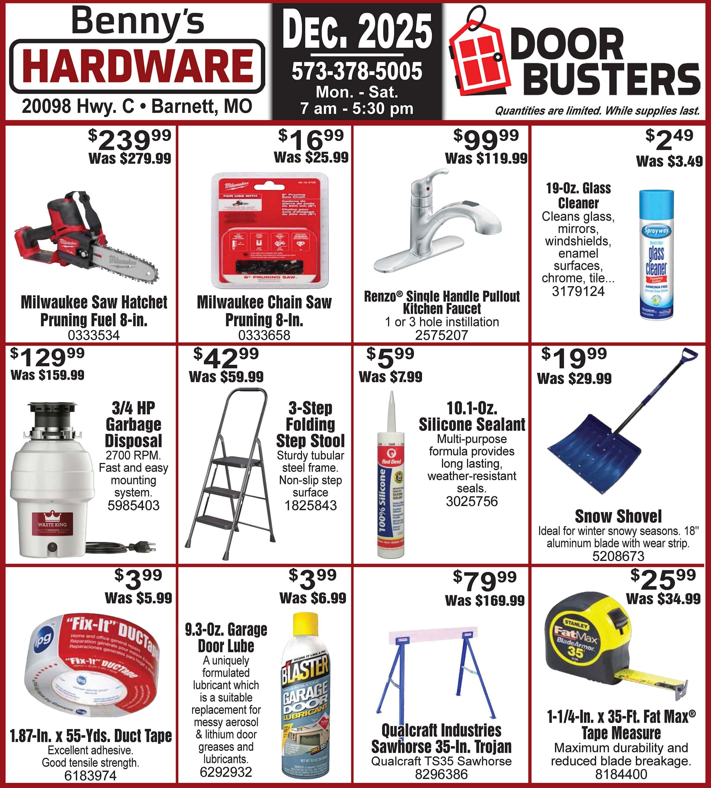 Benny’s Hardware store ad features December 2025 deals on tools, ladders, garbage disposals, snow shovels, insulation, kitchen faucets, and utility boxes.