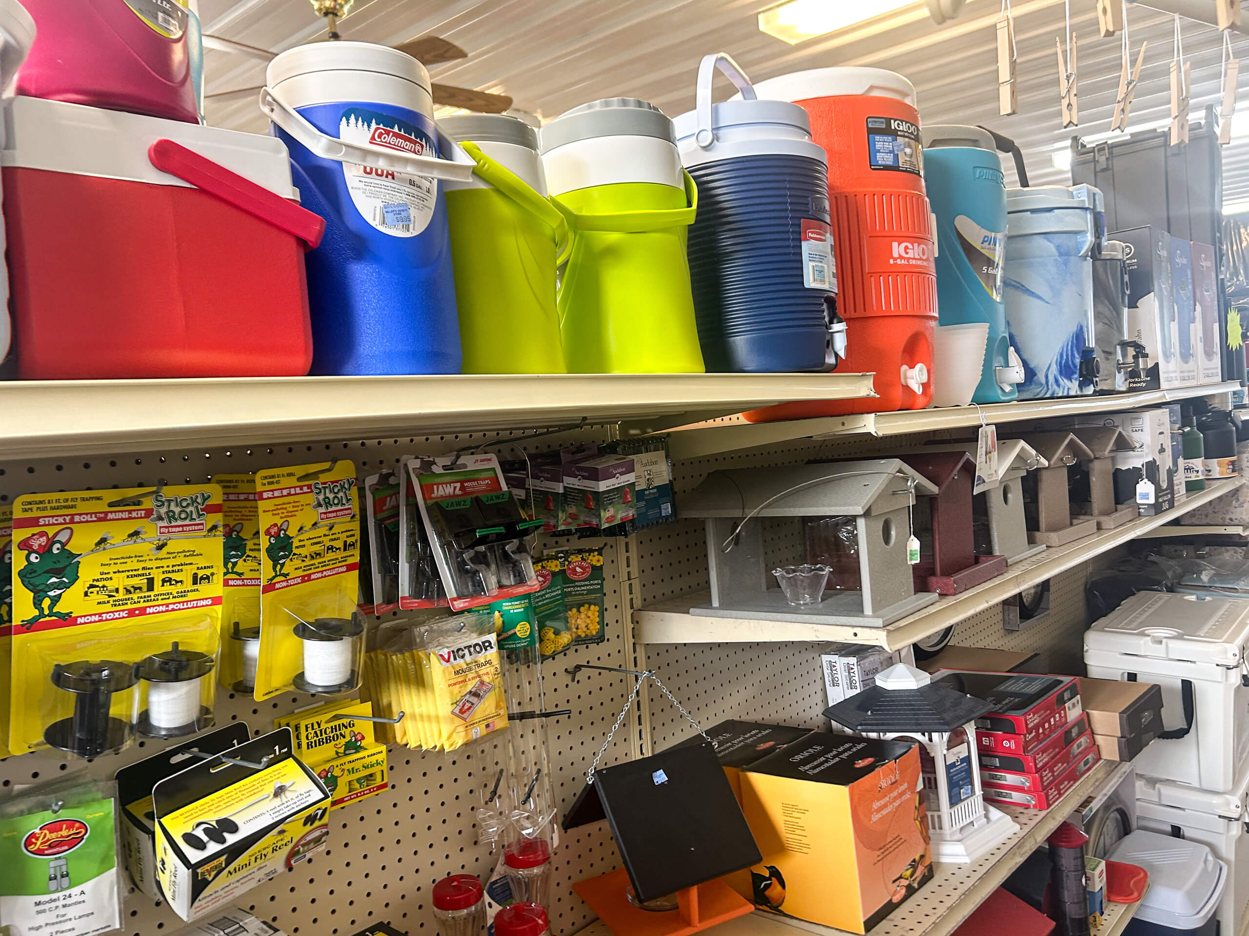 Miller's Variety Store Etna Green, IN Store shelves display various beverage coolers, bird feeders, traps, yellow sponges, and other hardware and outdoor supplies.