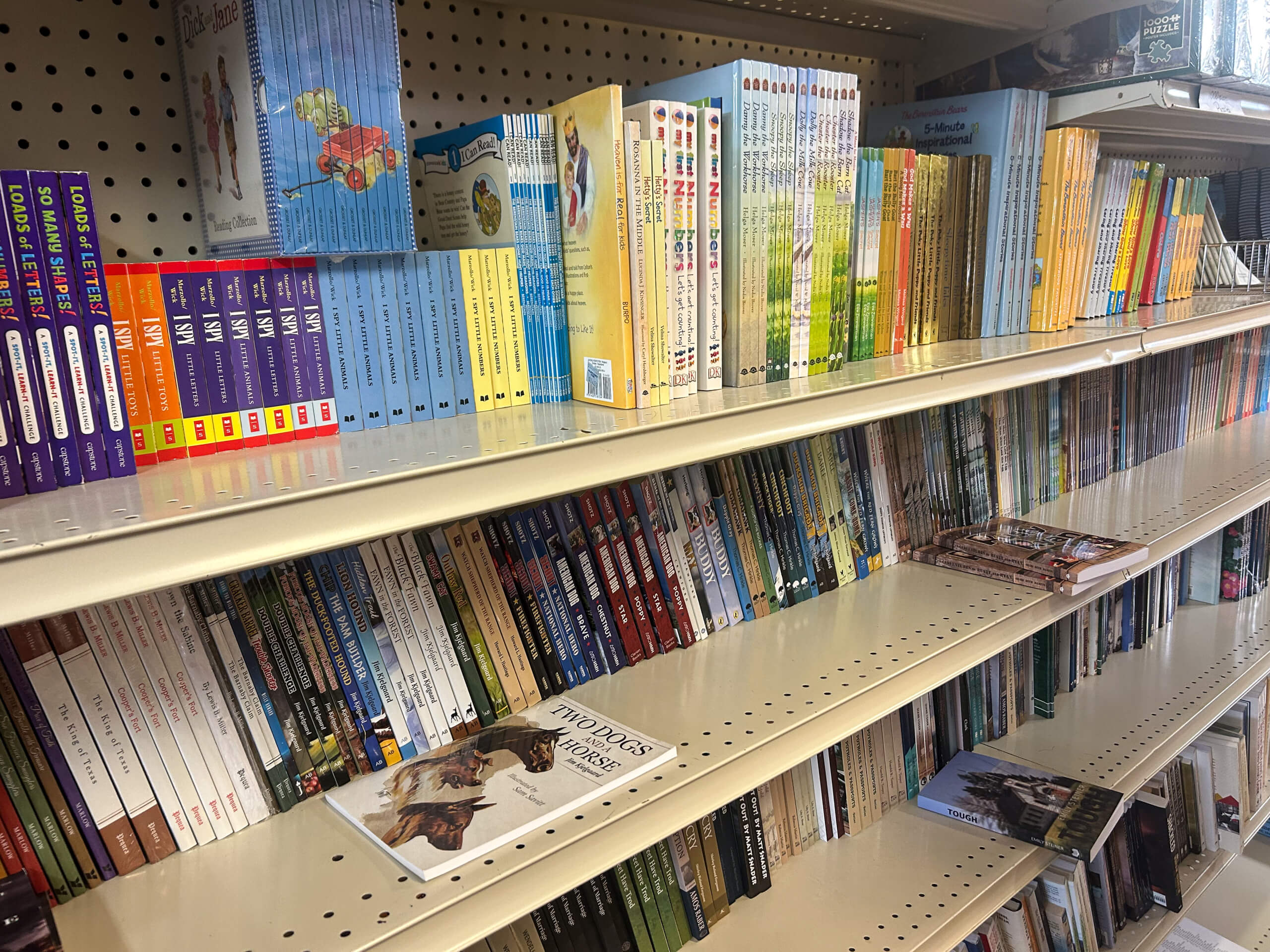 Miller's Variety Store Etna Green, IN Books are neatly arranged on metal shelves in a store or library, with various colorful covers and spines facing outward.