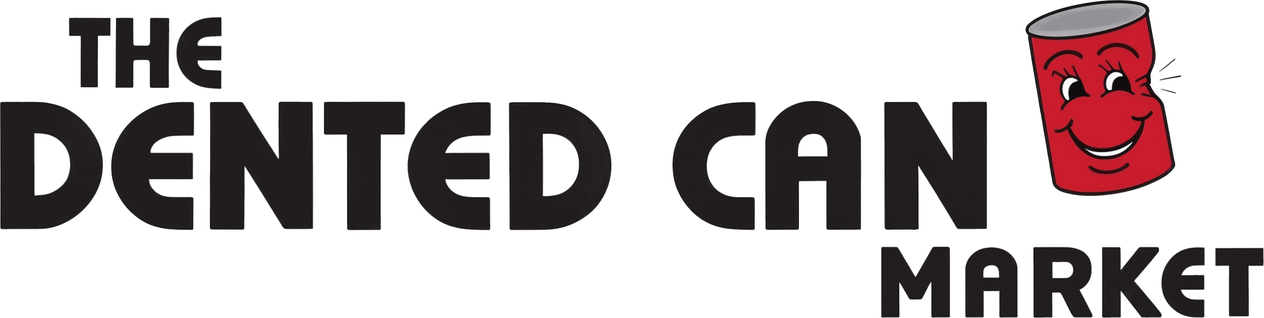 Logo for "The Dented Can Market" with bold black text and an illustrated red can with a smiling face.