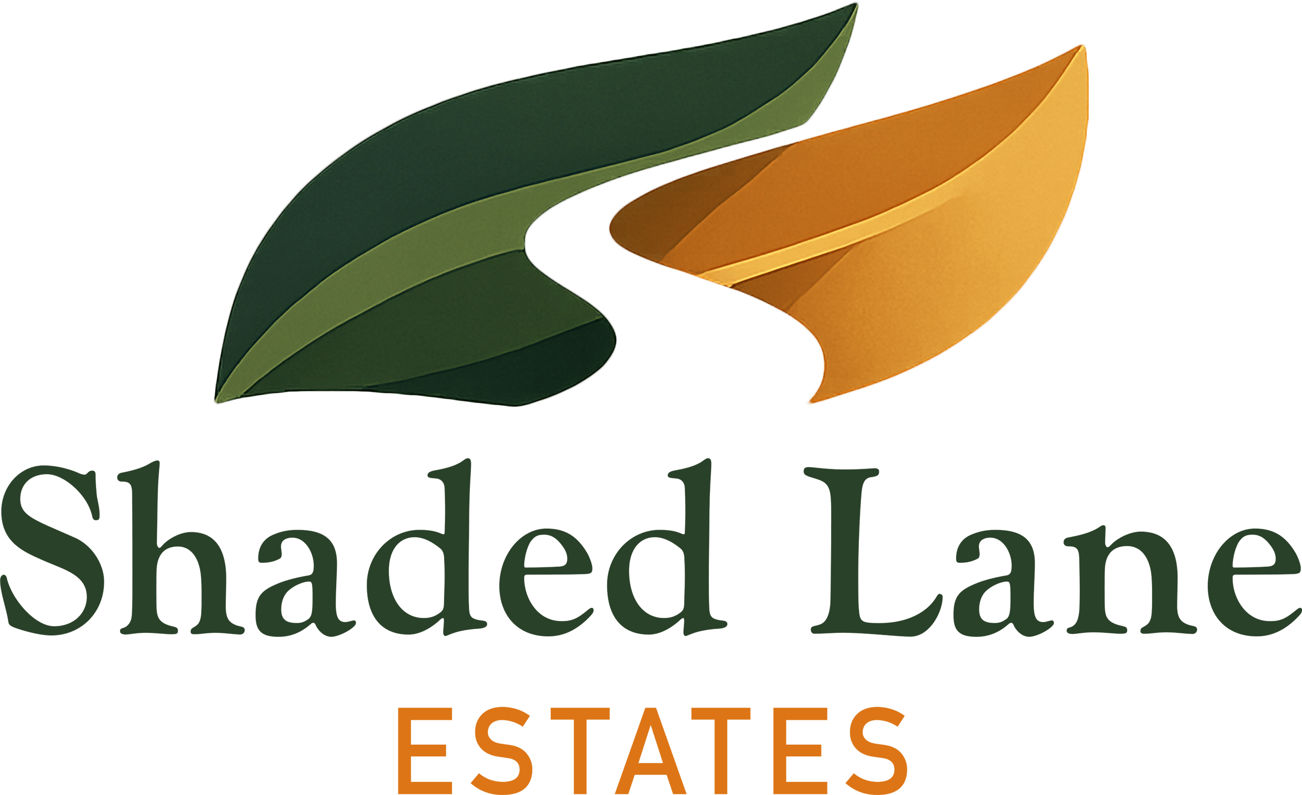 Logo with two stylized leaves, one green and one orange, curving toward each other above the words "Shaded Lane" in green and "ESTATES" in orange.