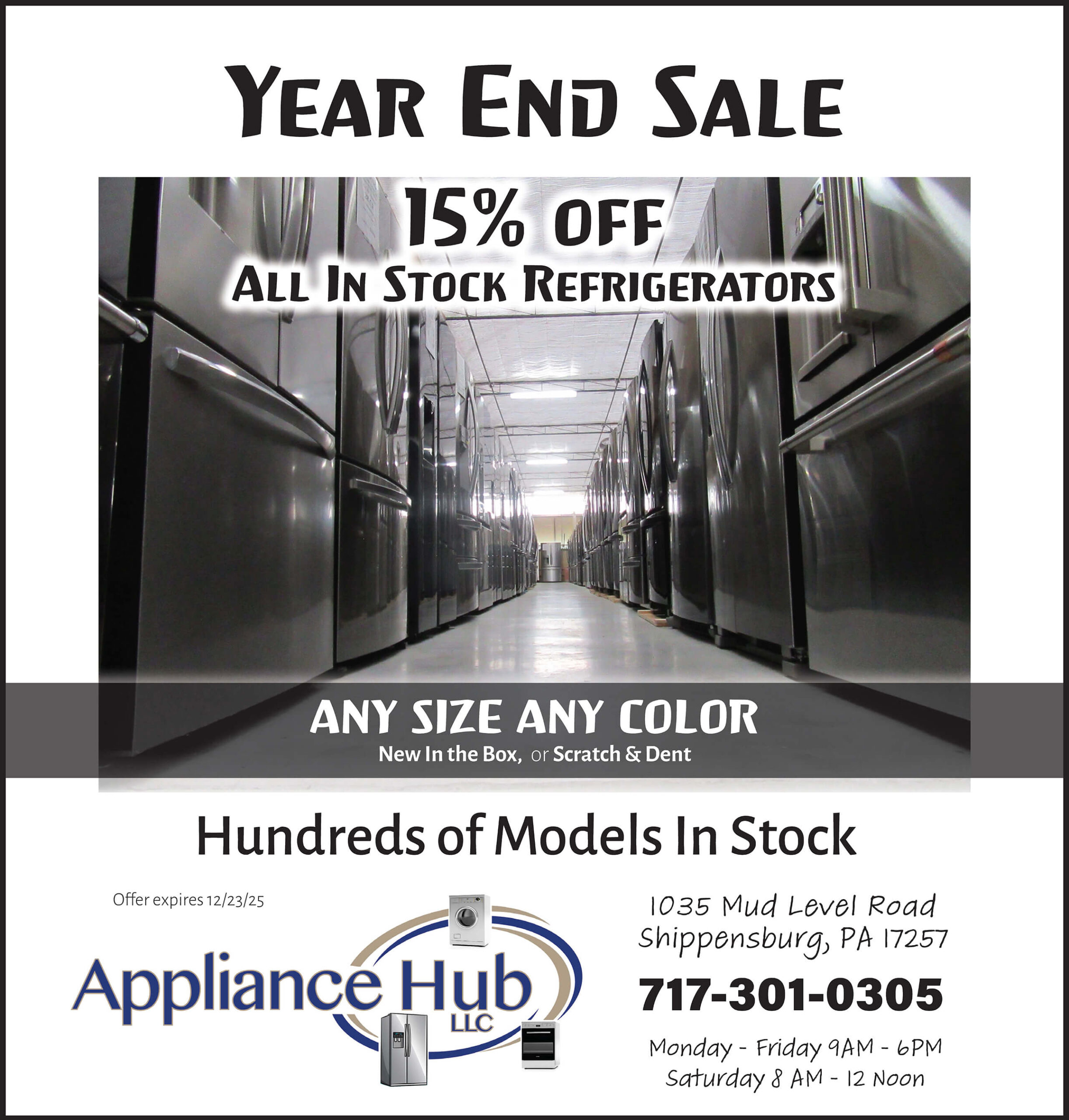 EK Concrete & Construction Albia IA Year End Sale: 15% off all in-stock refrigerators, any size or color. Appliance Hub LLC contact info and hours listed. Offer expires 12/23/25.