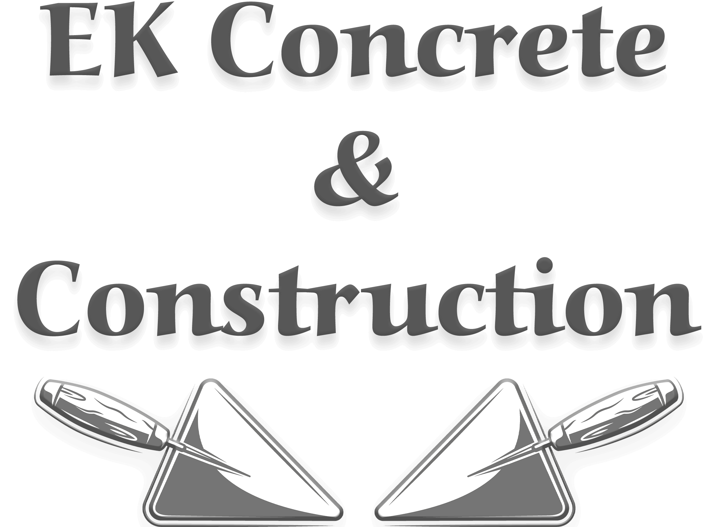 Logo for "EK Concrete & Construction" featuring two trowels crossed over concrete slabs below the company name in bold, stylized text.