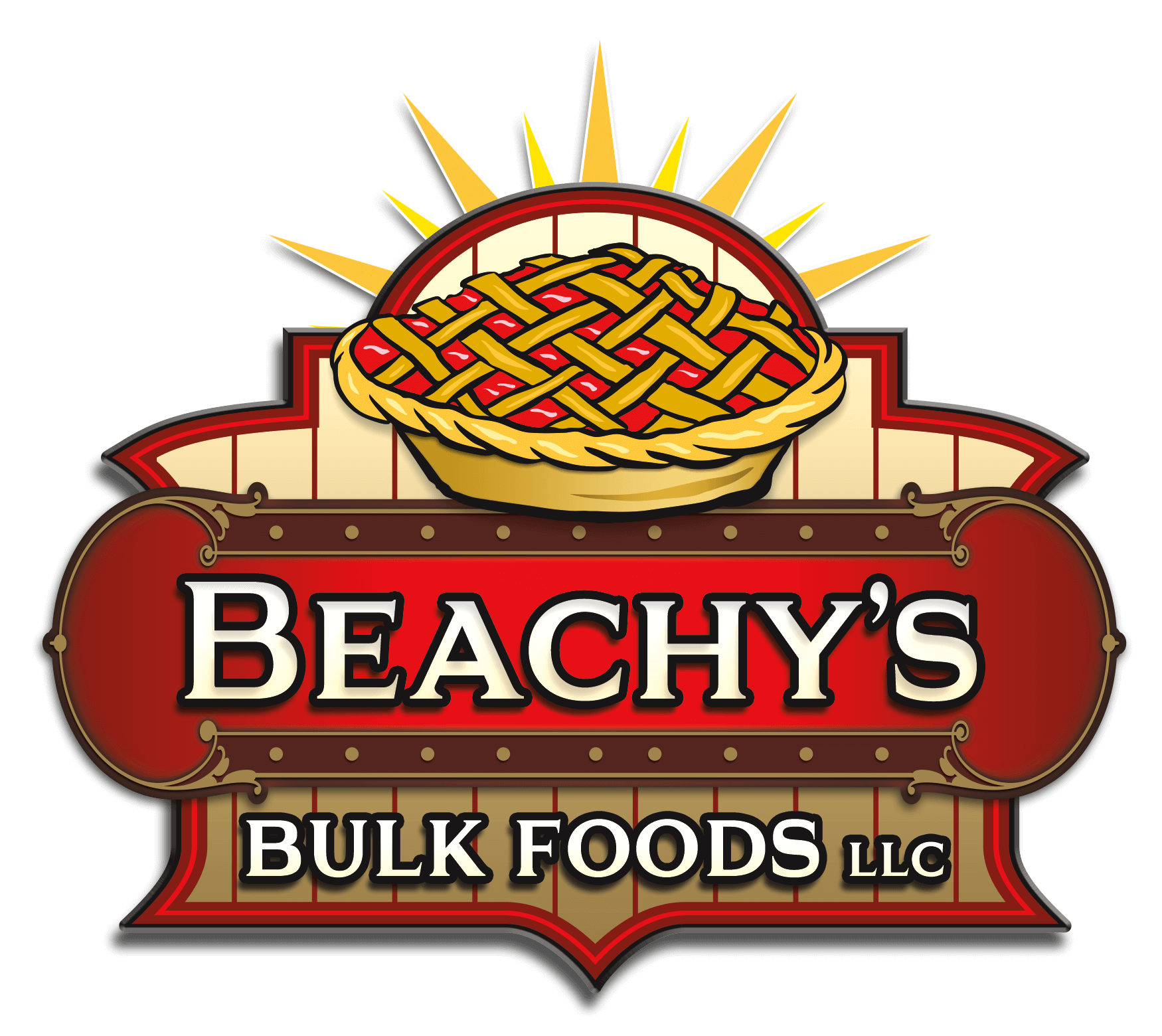Logo for Beachy's Bulk Foods LLC featuring a lattice-topped pie in a basket with rays and the company name in bold red and white text.