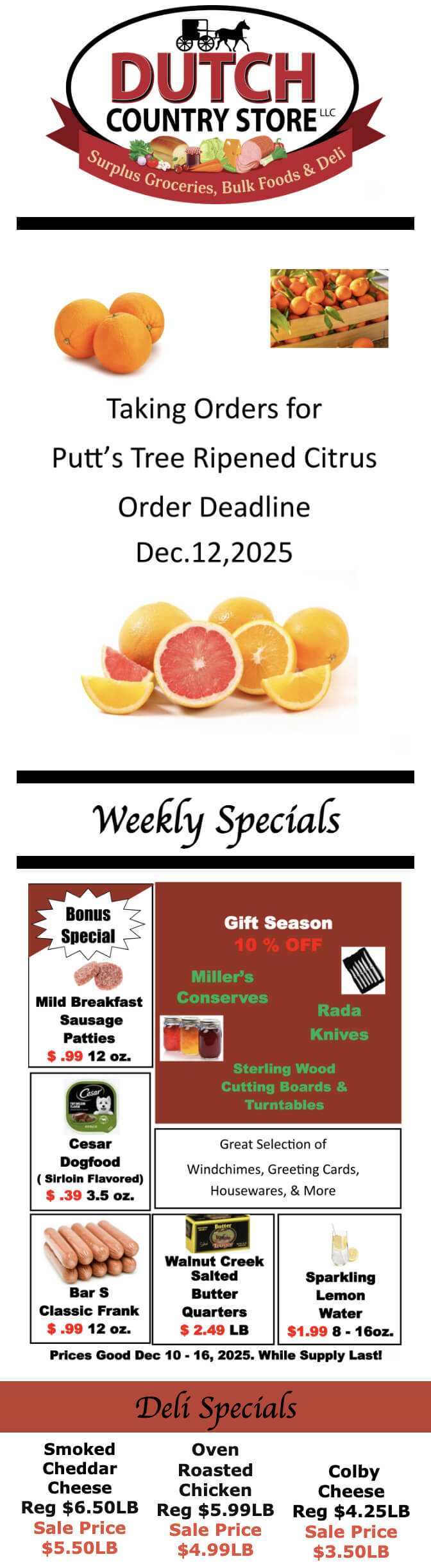 Dutch Country Store flyer featuring citrus fruit orders, weekly and deli specials, and gift ideas. Order deadline for citrus is December 12, 2025. Specials include cheese and chicken.