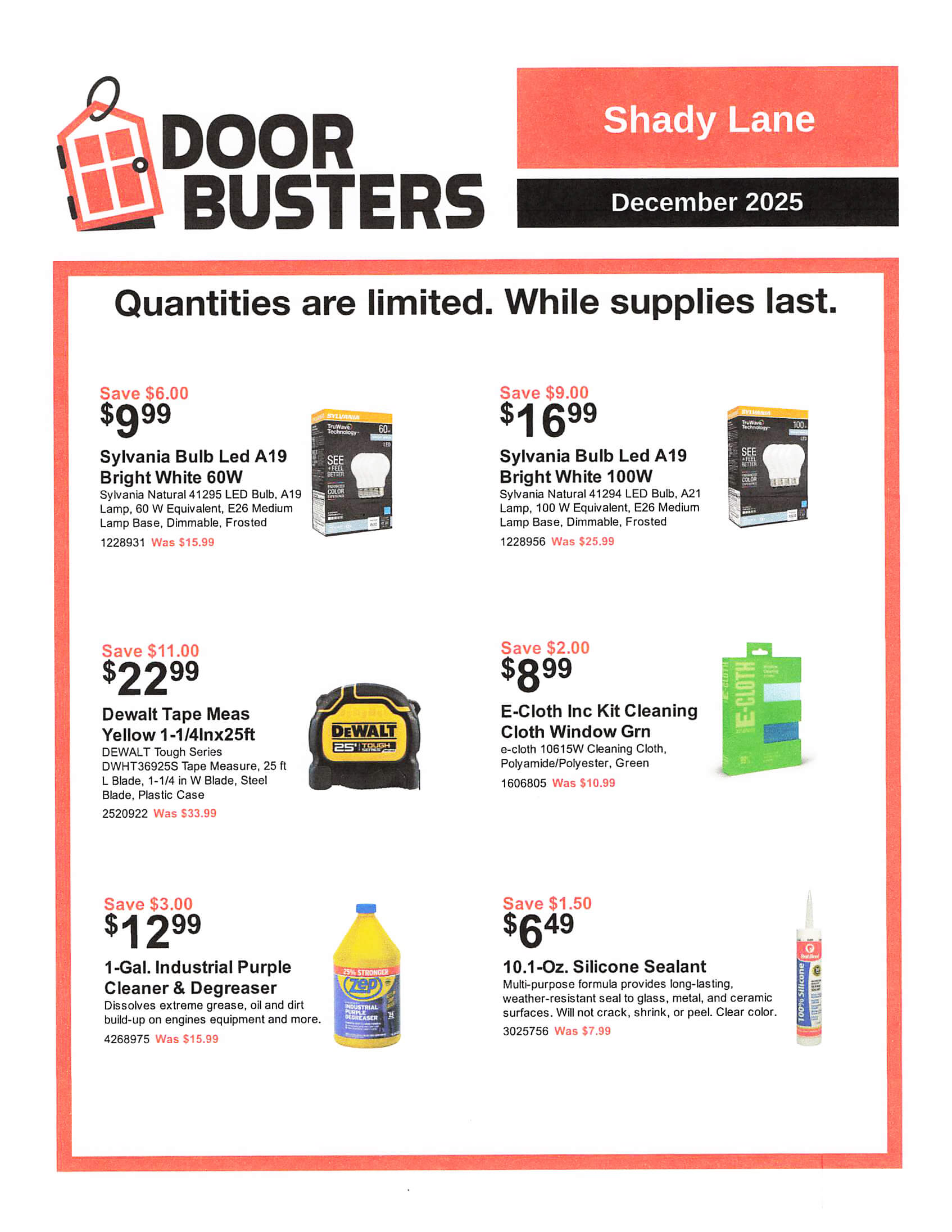 A retail flyer advertising discounted prices on LED bulbs, tape, cleaning cloths, industrial purple cleaner, and silicone sealant at Shady Lane for December 2025.