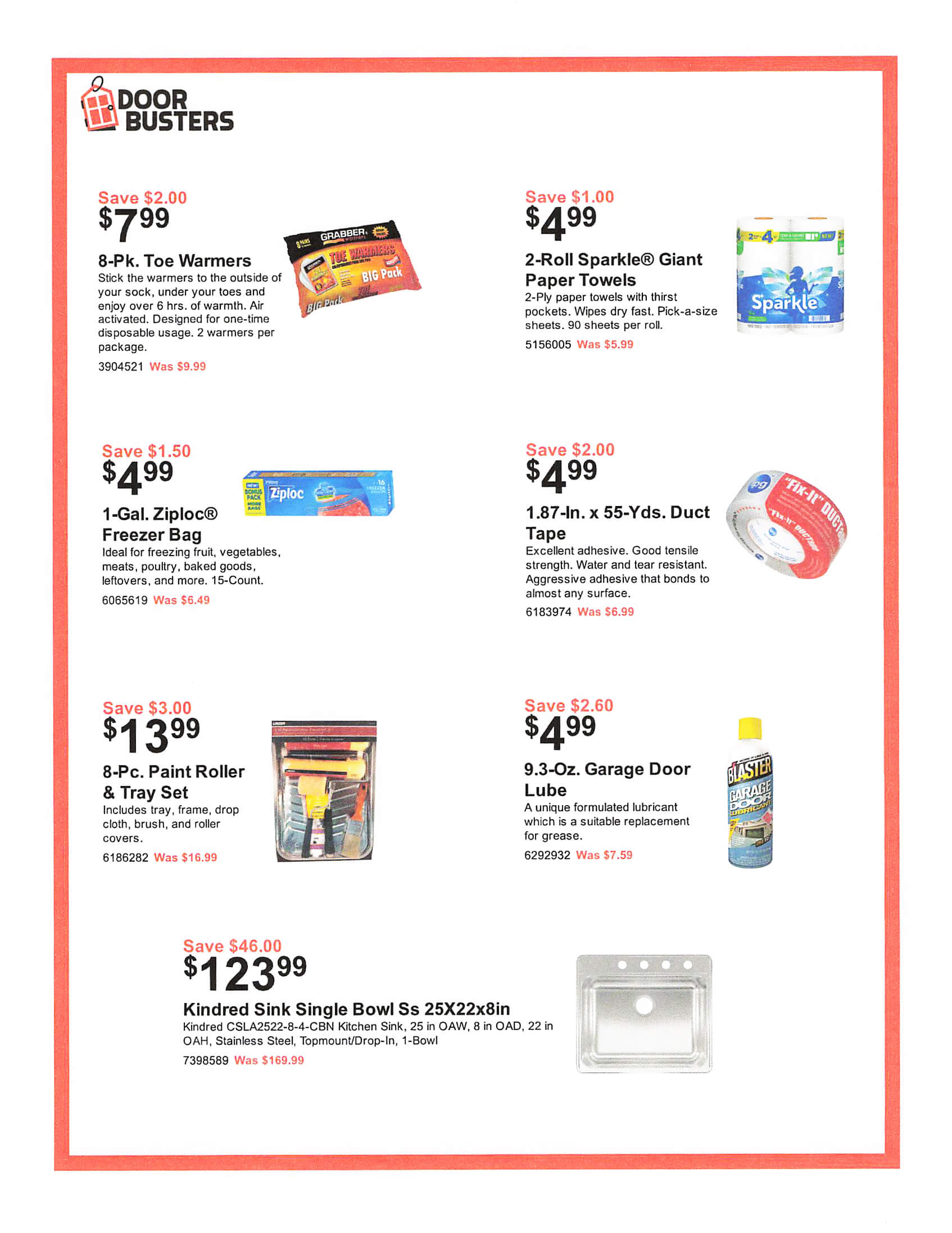 A sales flyer displaying various discounted household and hardware items, including toe warmers, paper towels, freezer bags, duct tape, paint rollers, garage door lube, and a stainless steel sink.