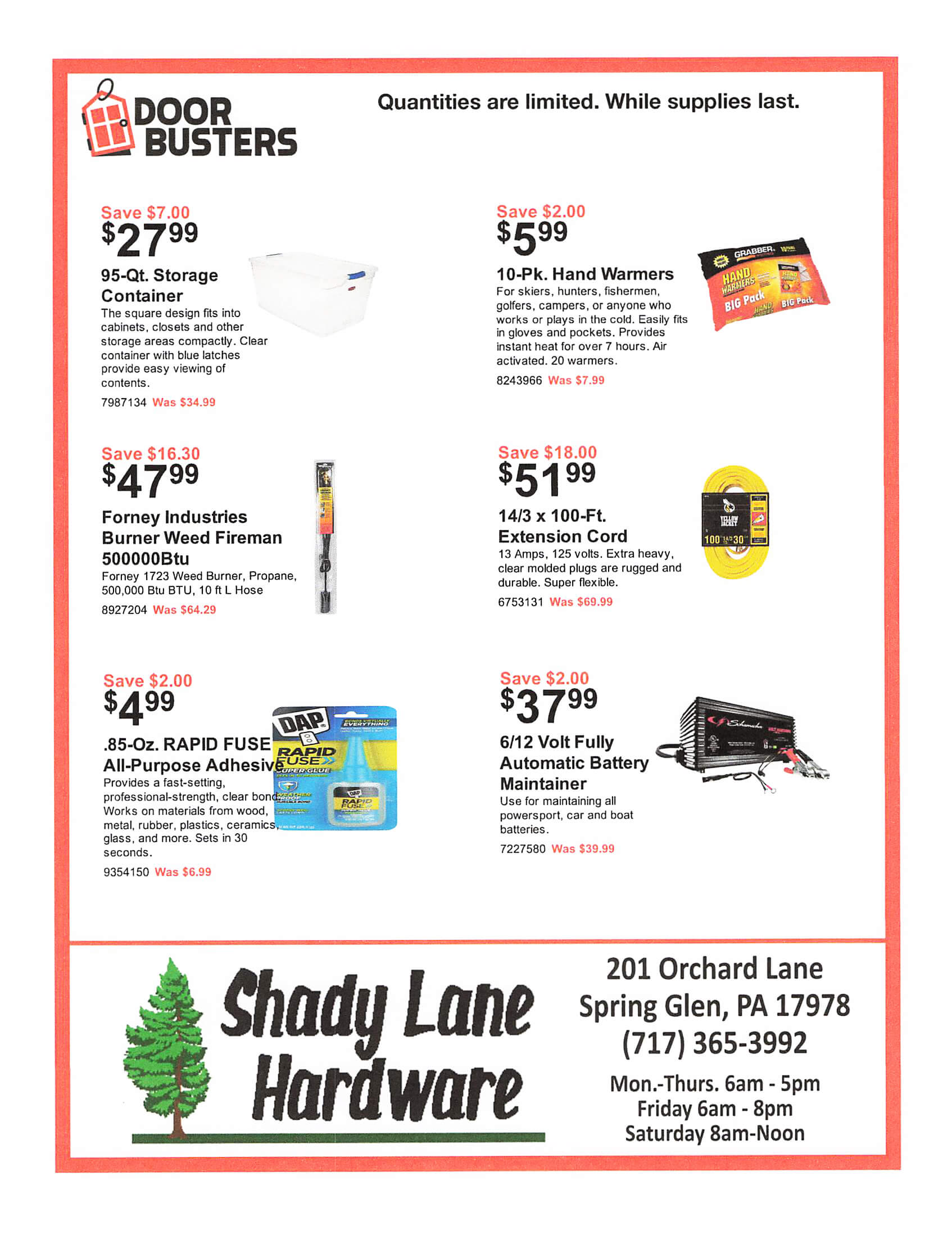 Hardware store flyer with sale items: storage container, hand warmers, lithium battery charger, extension cord, rapid fuse adhesive. Store info at bottom: Shady Lane Hardware, address, and hours.