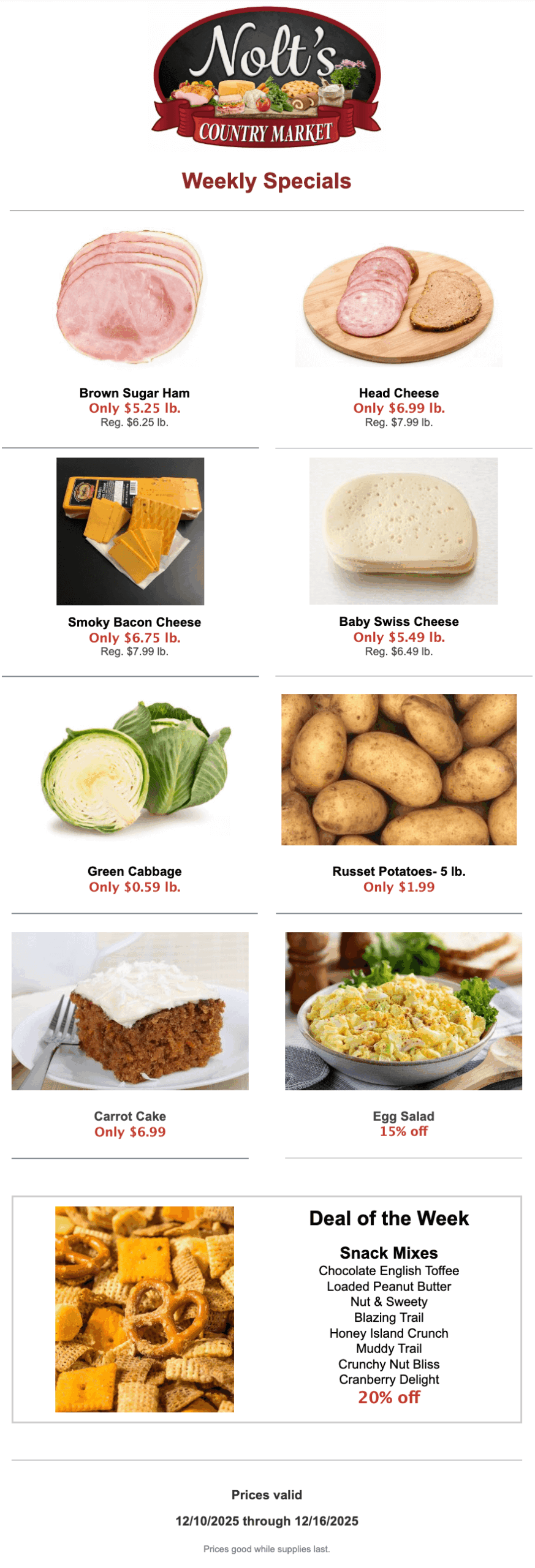 Nolt's Country Market weekly specials flyer with images and prices for various cheeses, vegetables, desserts, salads, and snack mixes, valid from 12/10/2025 to 12/16/2025.