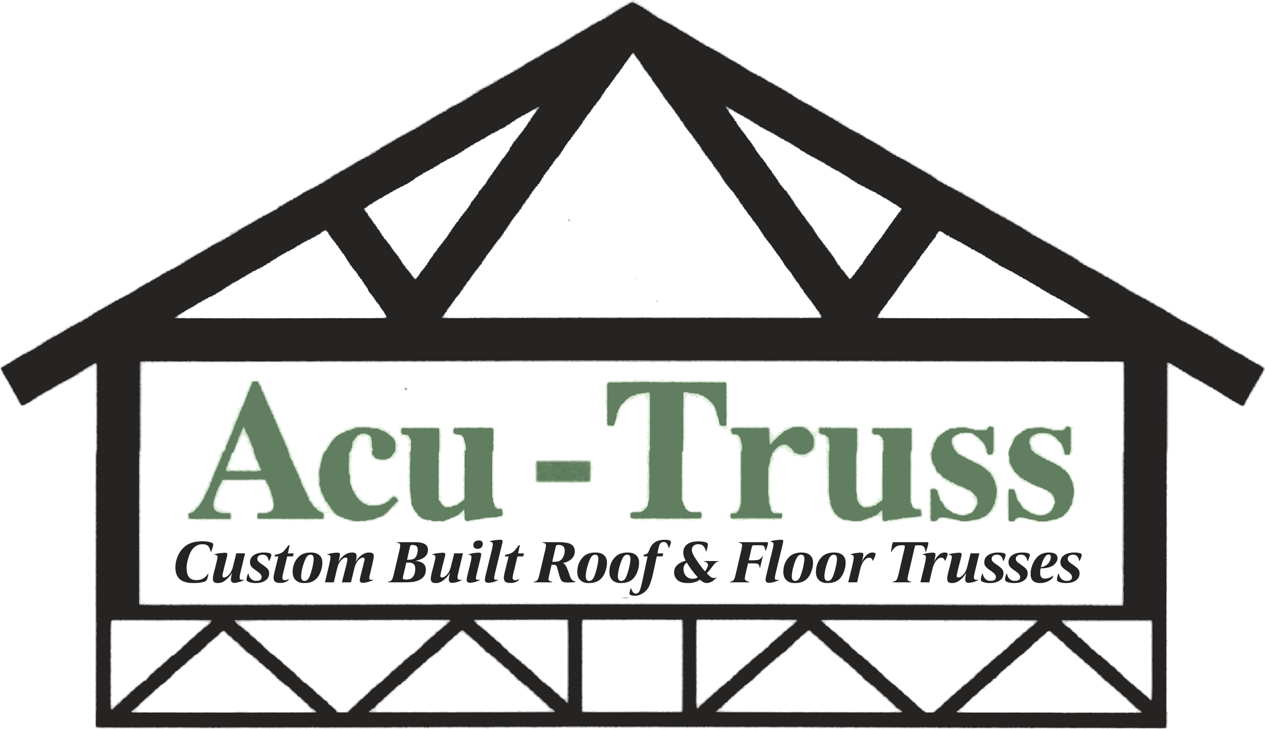 Logo for Acu-Truss featuring a roof truss graphic above the text “Acu-Truss Custom Built Roof & Floor Trusses” in green and black font.