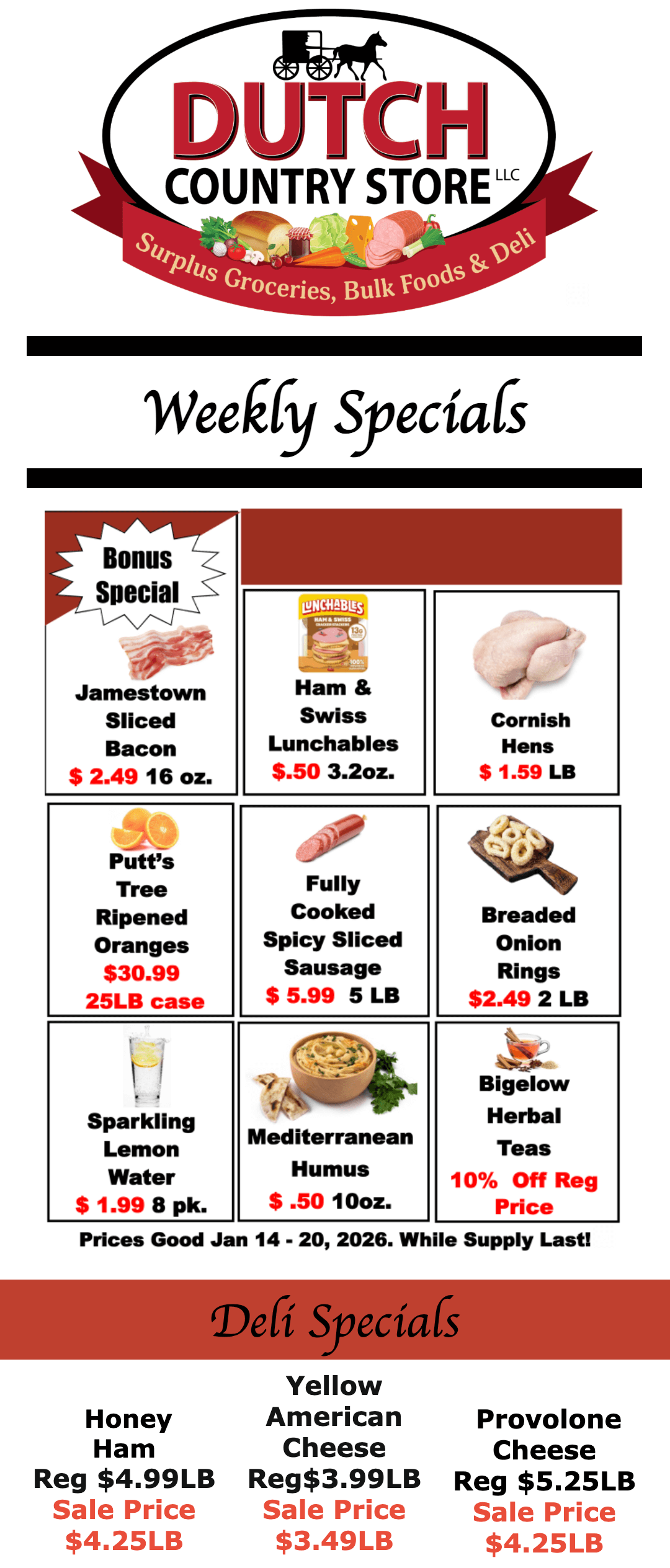 Weekly specials flyer for Dutch Country Store featuring discounts on various deli items, beverages, and prepared foods, valid January 14-20, 2026. Includes images of select products.