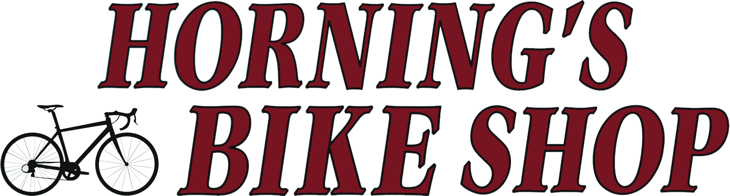 Logo for Horning’s Bike Shop featuring large maroon text and a black silhouette of a road bicycle to the left of the text.