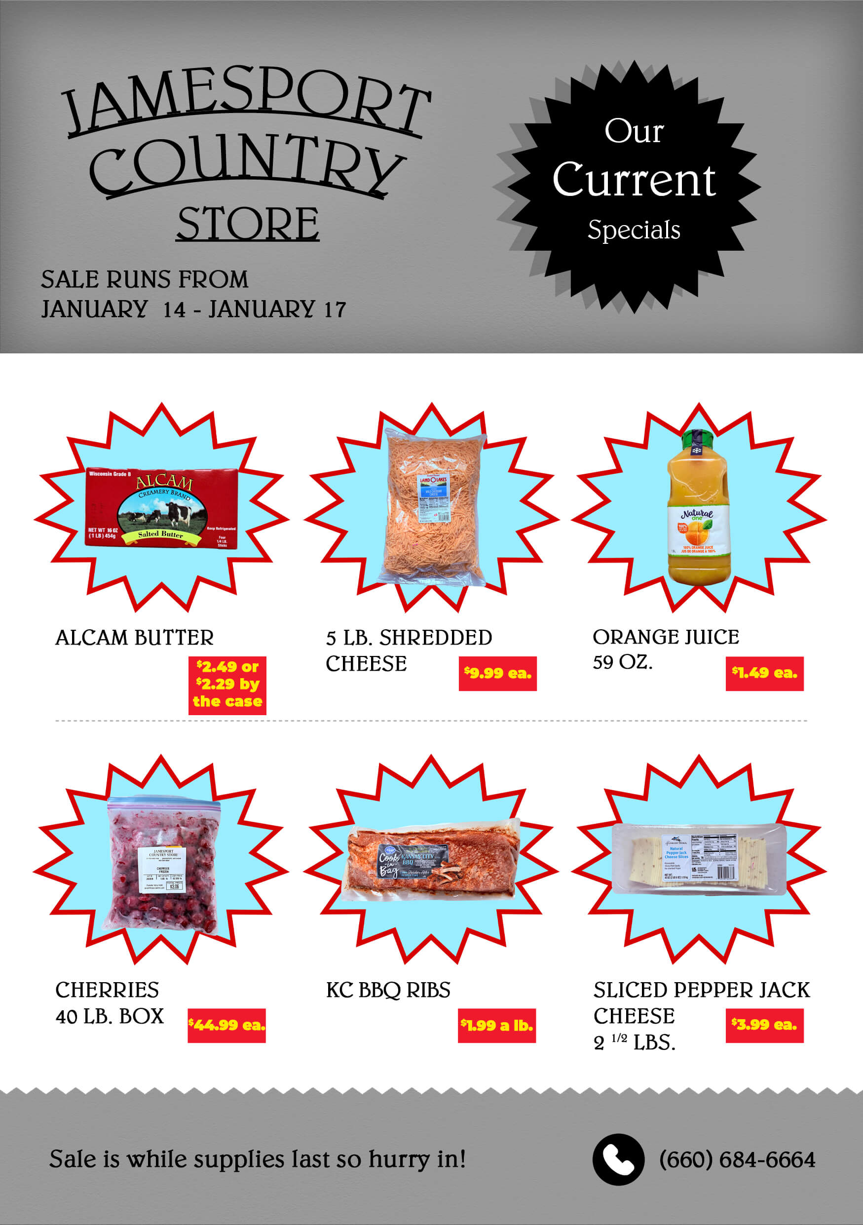 A flyer for Jamesport Country Store shows sale specials on butter, shredded cheese, orange juice, cherries, BBQ ribs, and pepper jack cheese, with sale dates January 14-17.