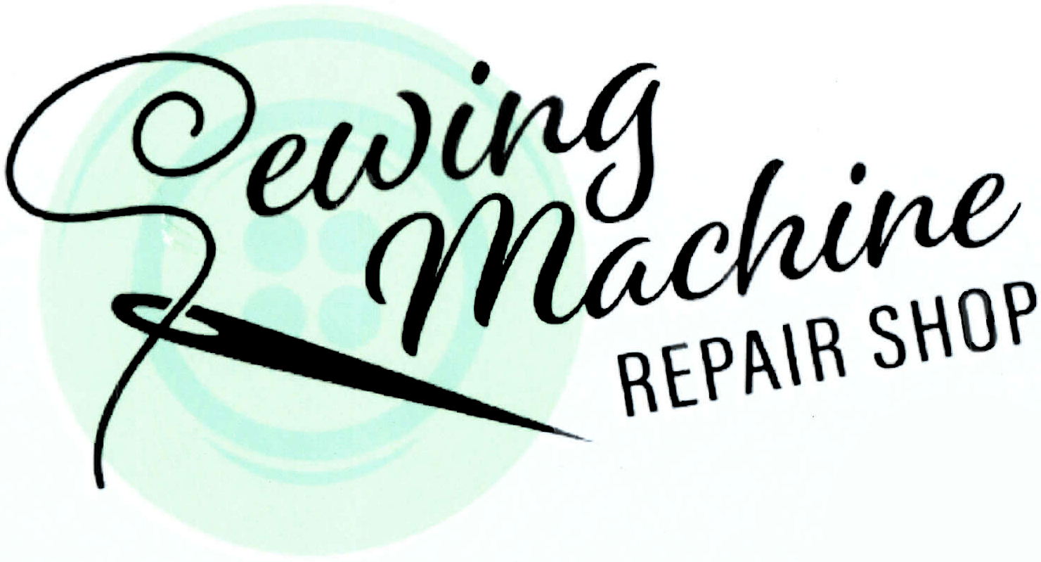 Logo for a sewing machine repair shop, featuring stylized cursive text and a needle, with a faint button graphic in the background.
