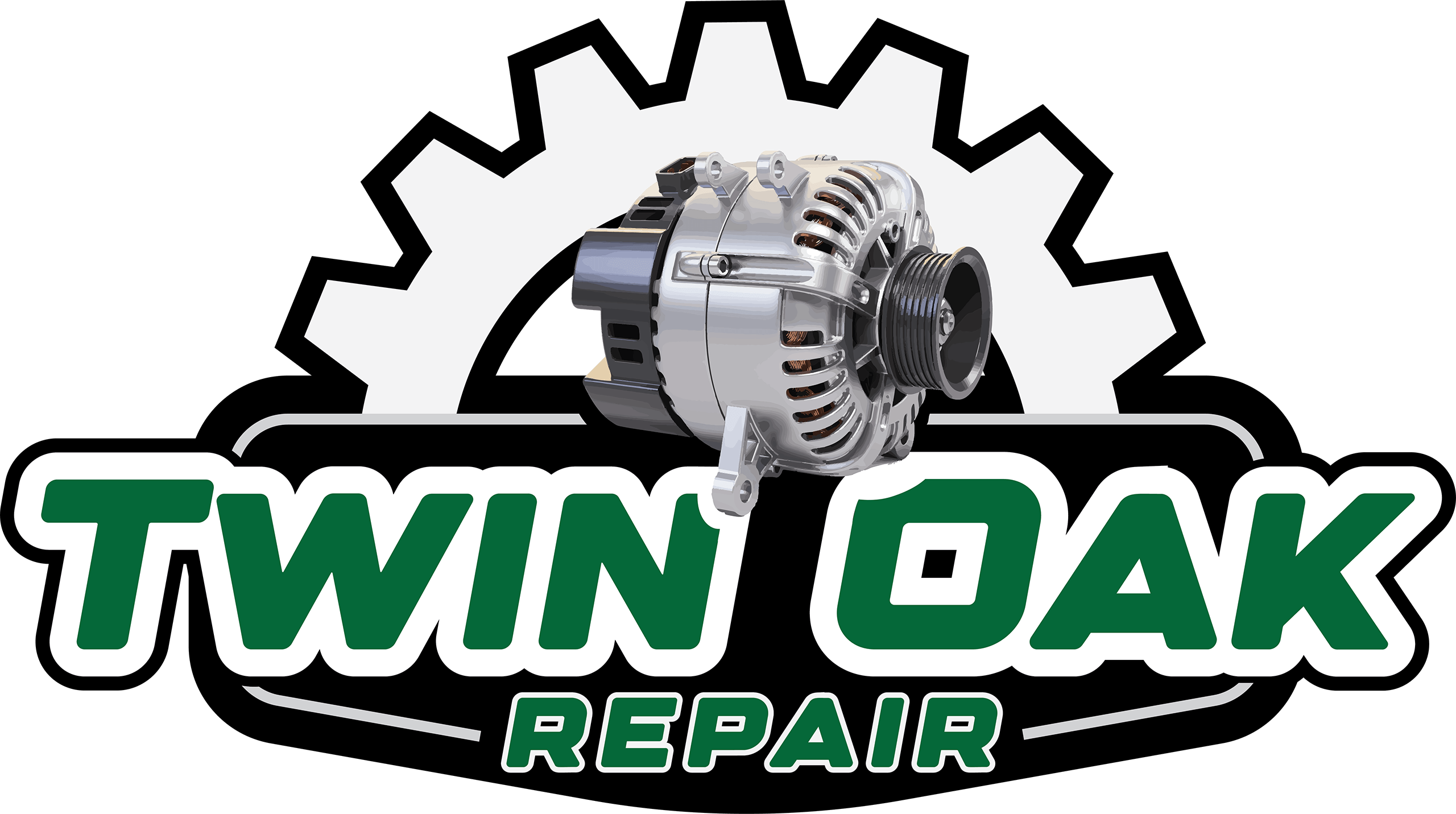 A silver car alternator is positioned in front of the Twin Oak Repair logo, which features green and white text with a gear graphic in the background.