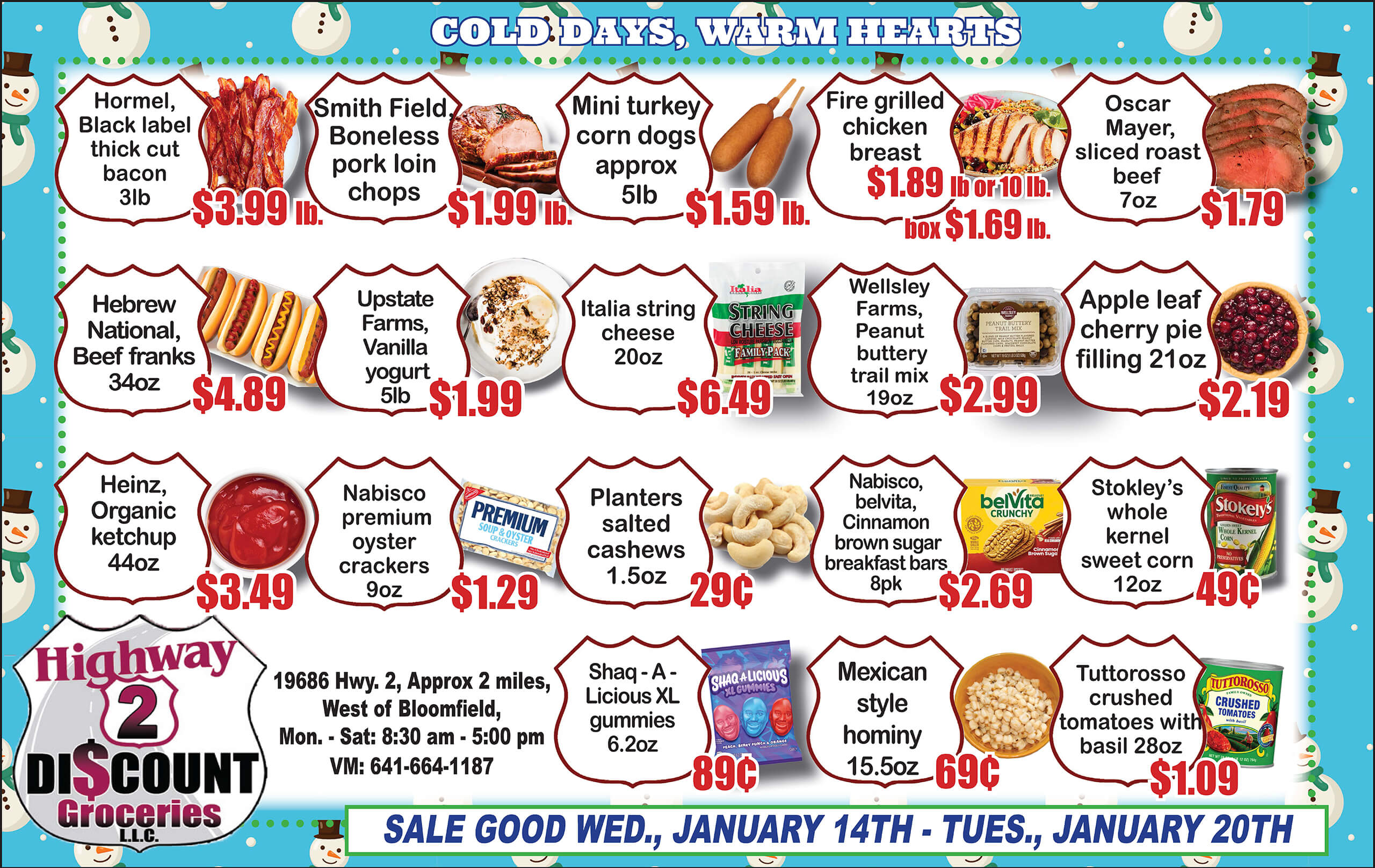 A grocery store flyer displays various food items with prices, including meats, snacks, cheese, crackers, apple cider, and pizza. The sale runs from January 14th to January 20th.