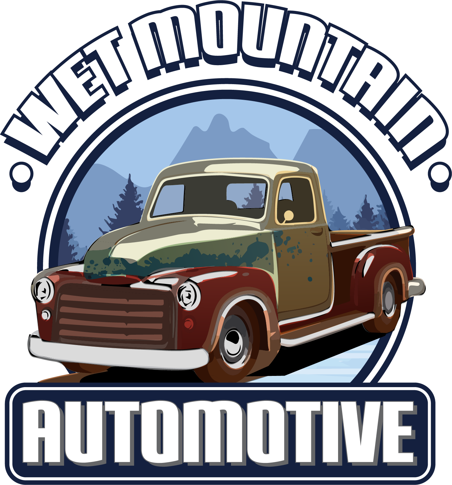 Illustration of an old red and beige pickup truck with rust spots, mountains in the background, and the text "Wet Mountain Automotive" above and below the image.