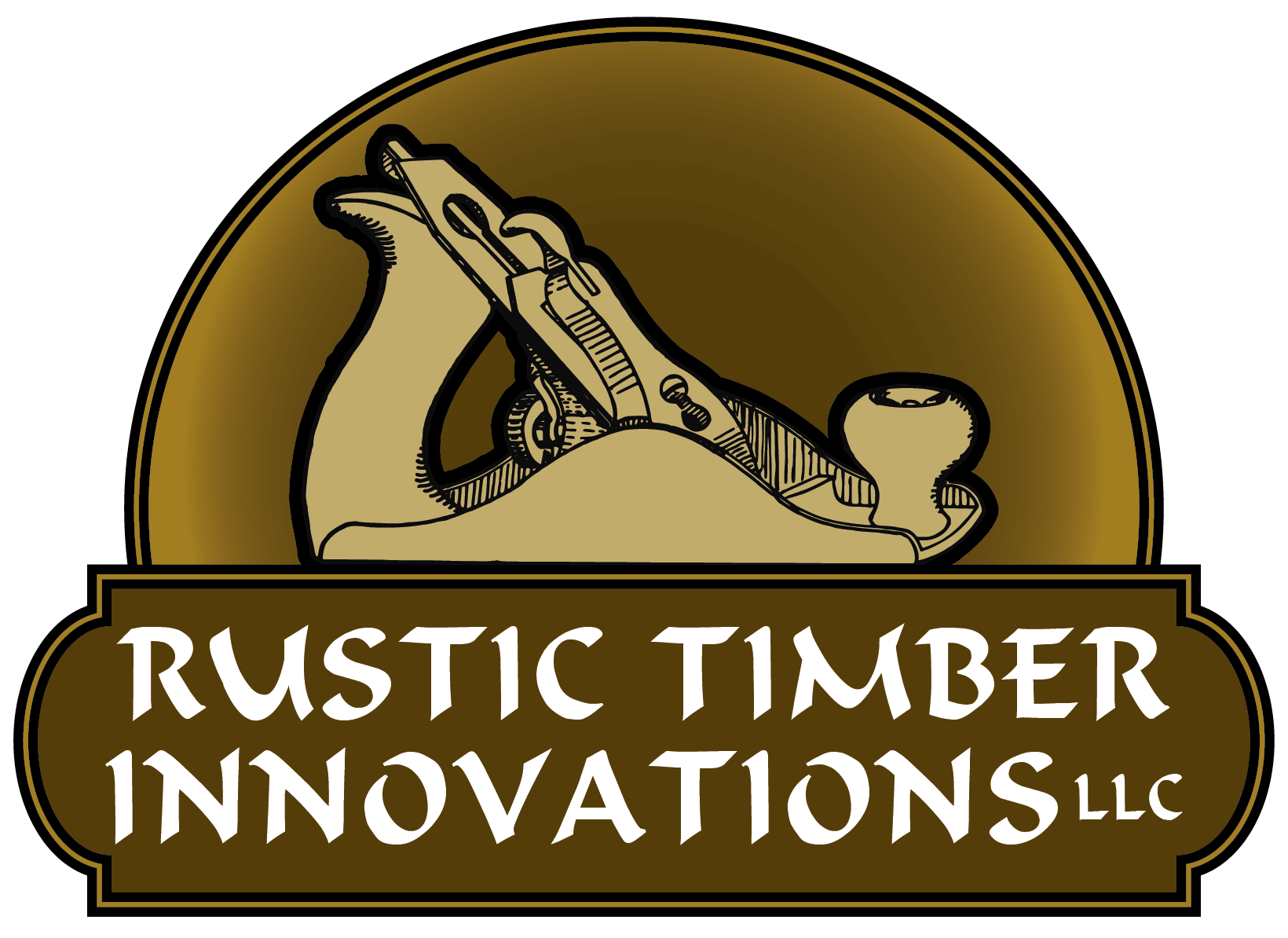 Logo for Rustic Timber Innovations LLC featuring an illustration of a hand plane tool above the company name in stylized text, set on a brown background.
